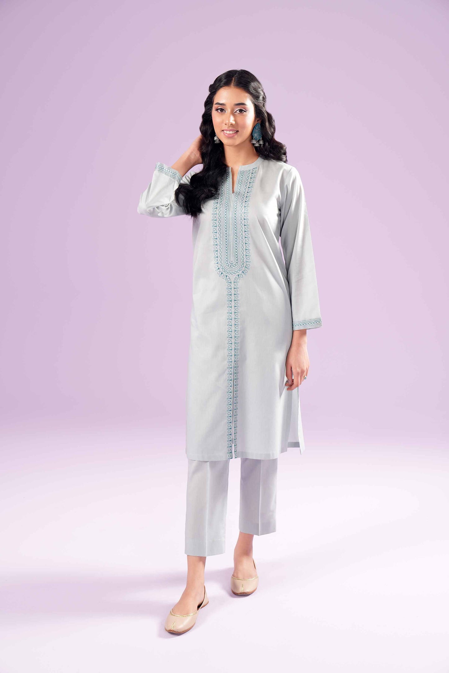 Silver Mist Embroidered Co-ord Set – Soft Grey Elegance