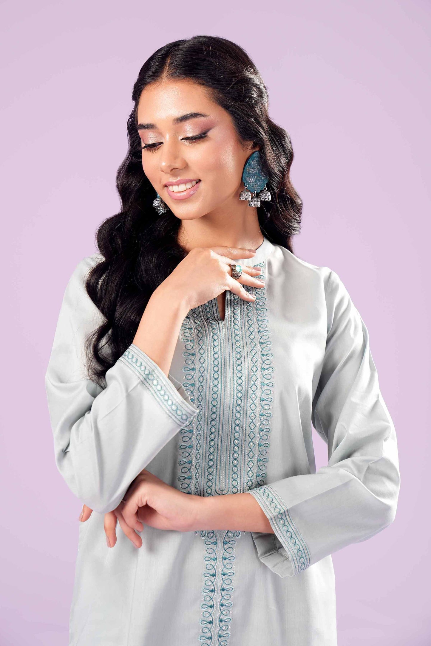 Silver Mist Embroidered Co-ord Set – Soft Grey Elegance