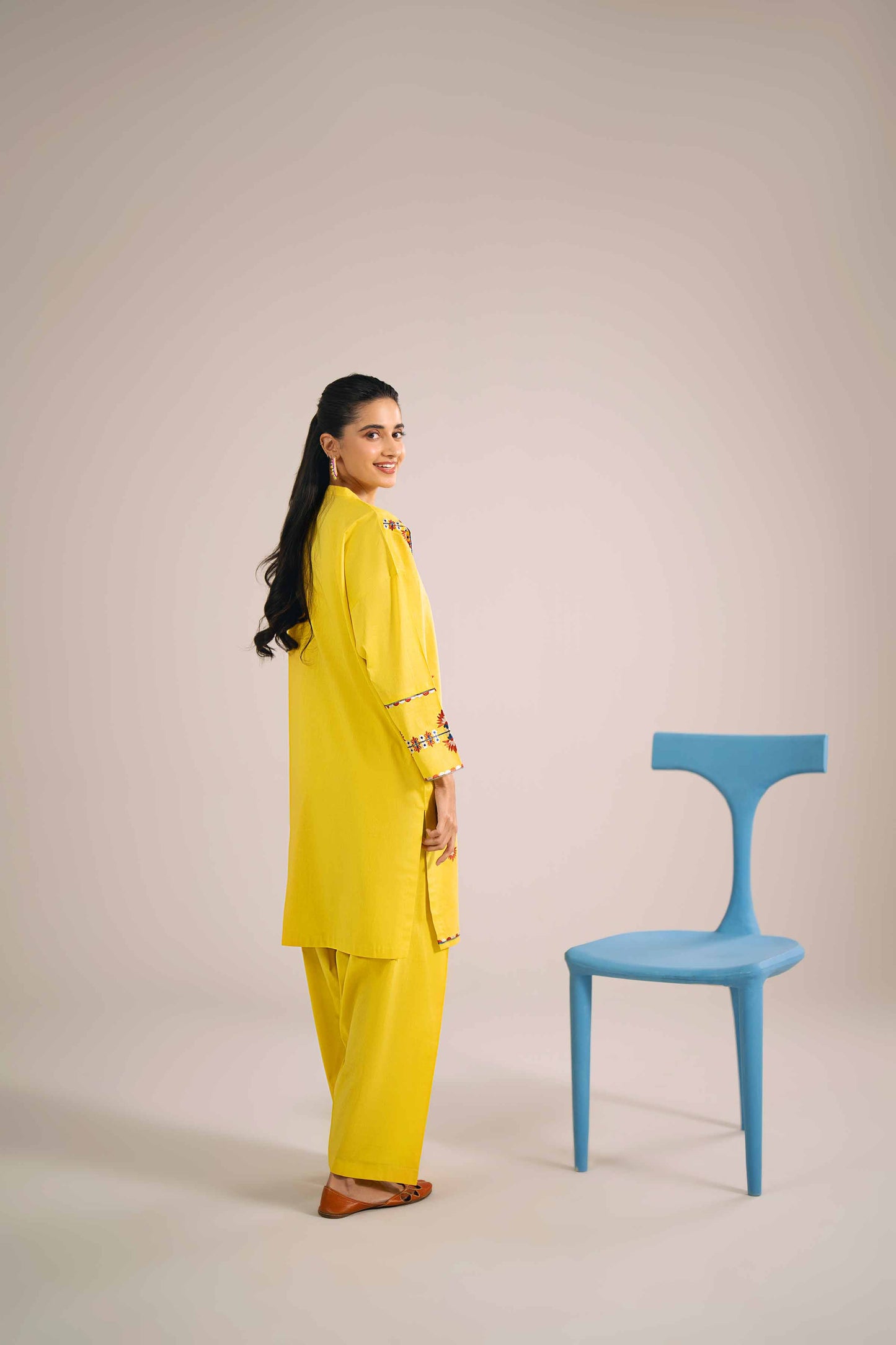 Bright Yellow Floral Embroidered Outfit