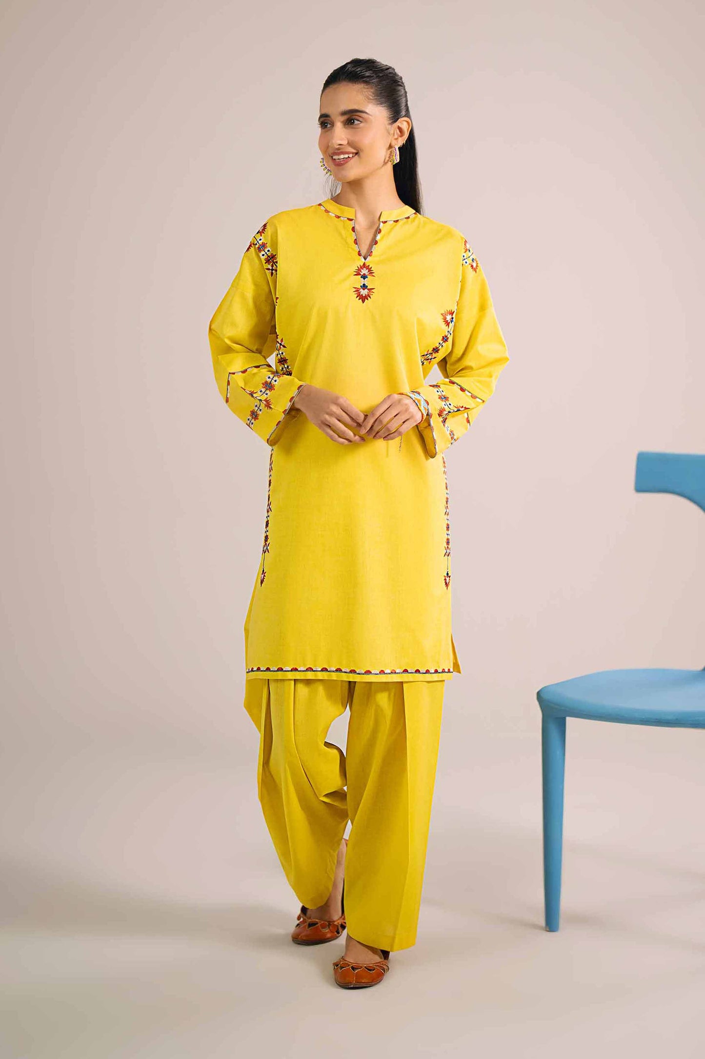 Bright Yellow Floral Embroidered Outfit