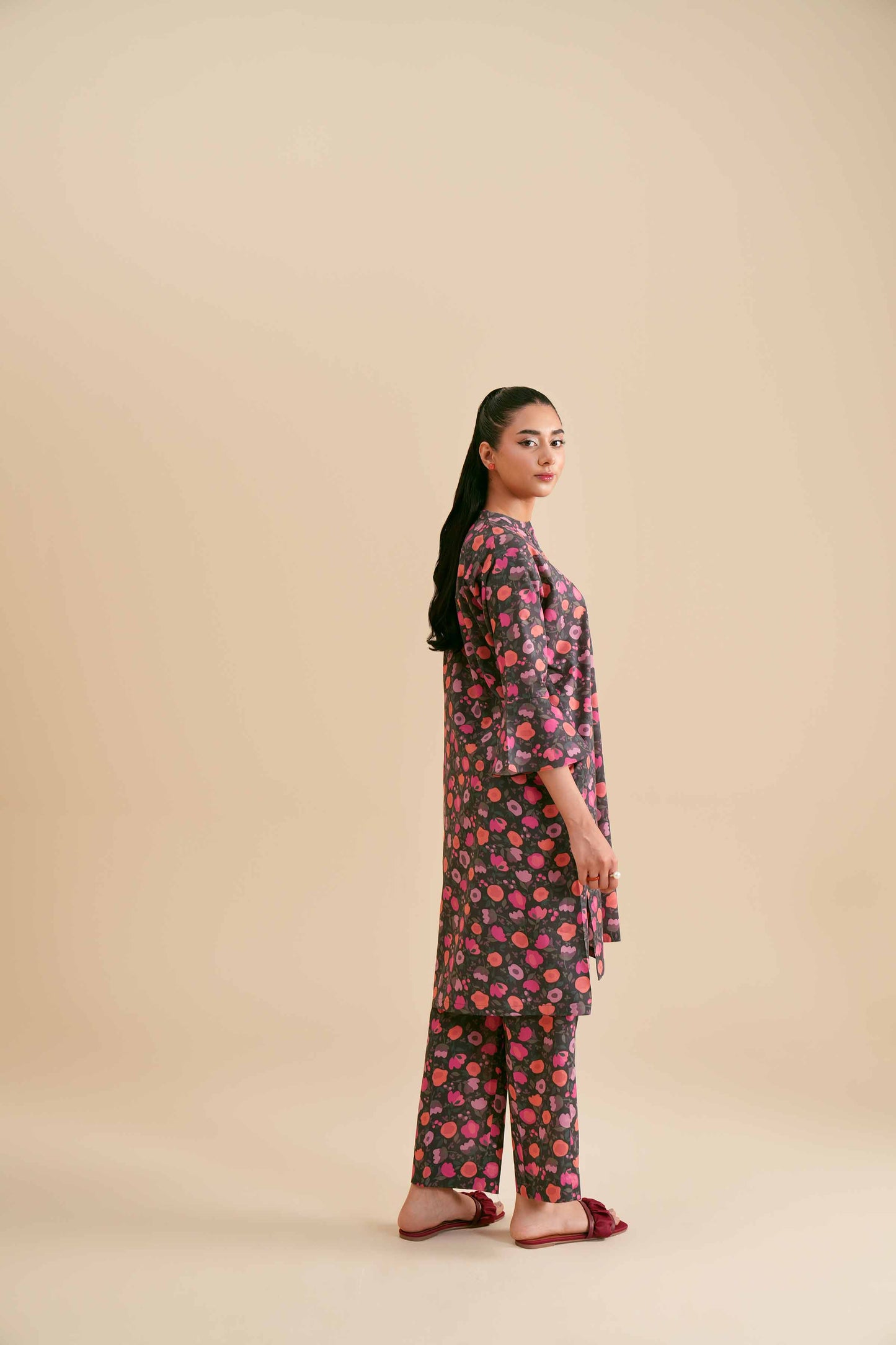 Dark Base Pink Bloom Print Kurta & Pant Co-ord