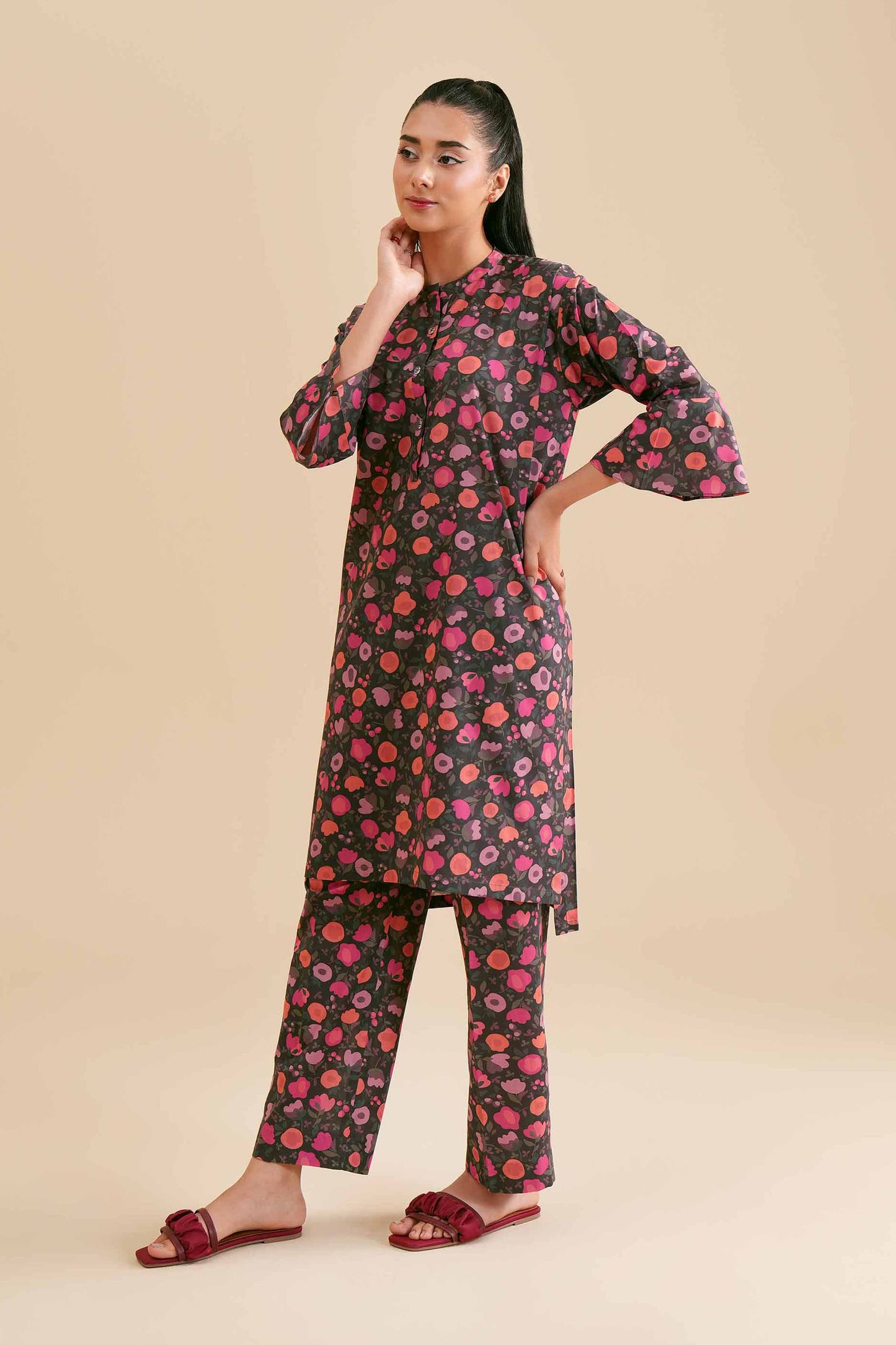 Dark Base Pink Bloom Print Kurta & Pant Co-ord