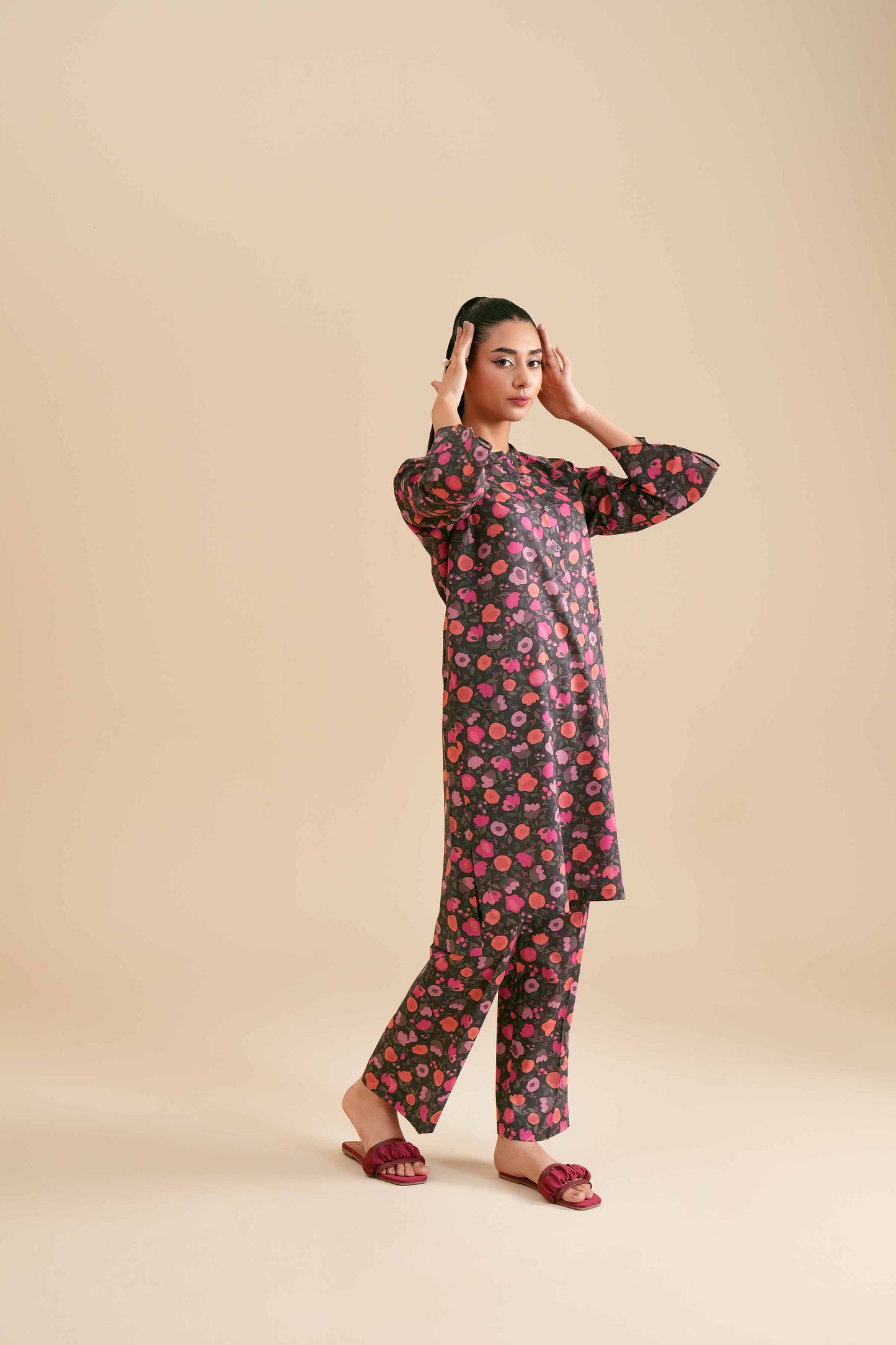 Dark Base Pink Bloom Print Kurta & Pant Co-ord
