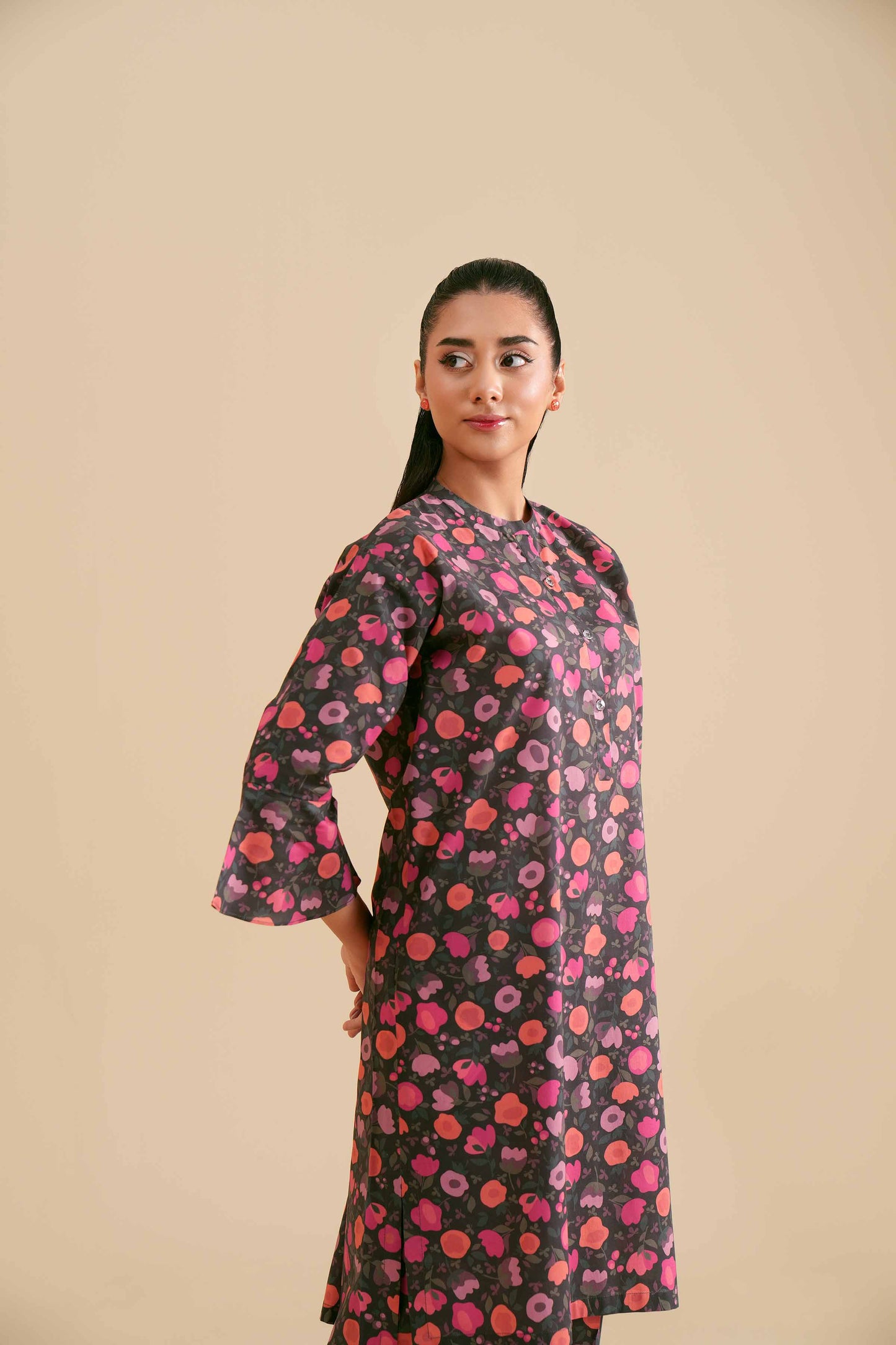 Dark Base Pink Bloom Print Kurta & Pant Co-ord