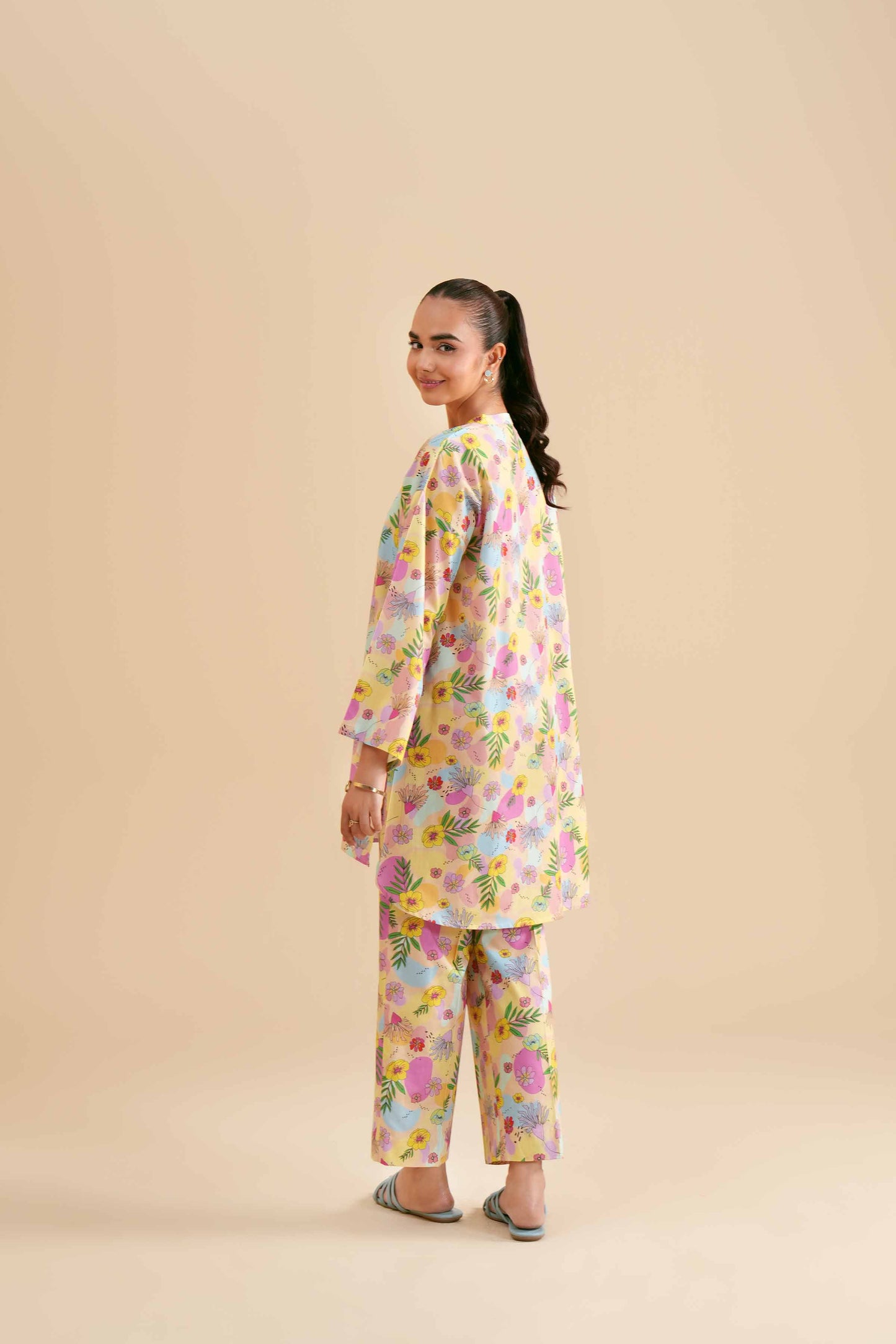 Pastel Yellow Tropical Floral Printed 2-Piece Se