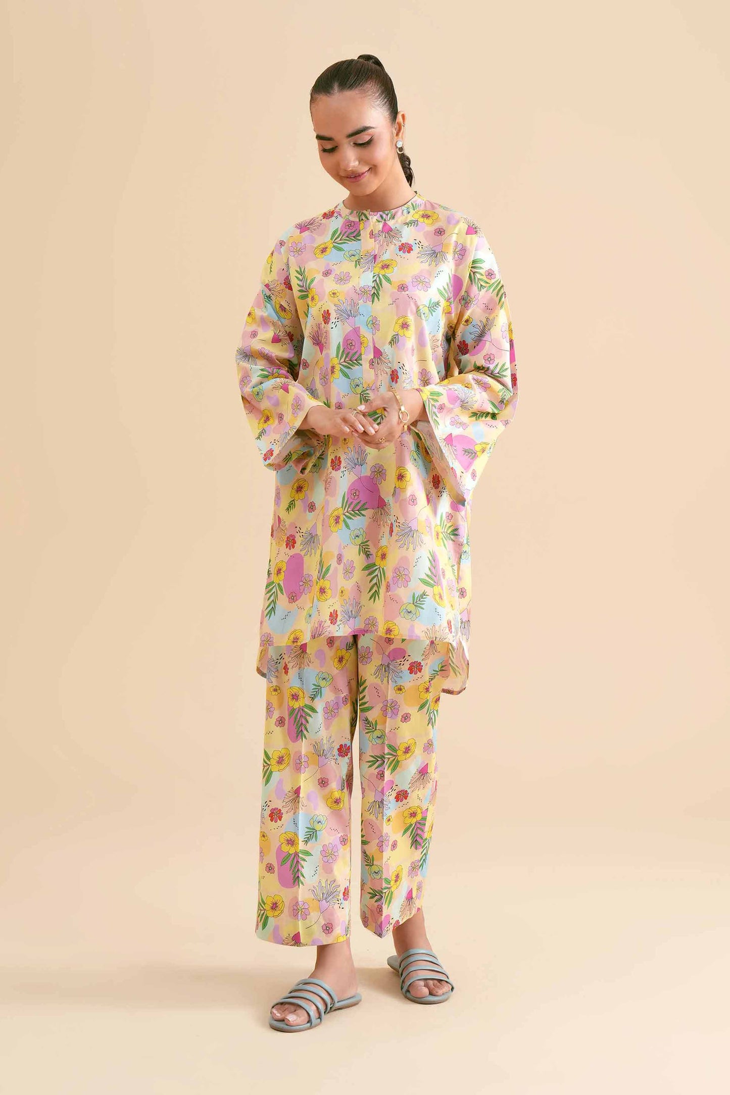 Pastel Yellow Tropical Floral Printed 2-Piece Se