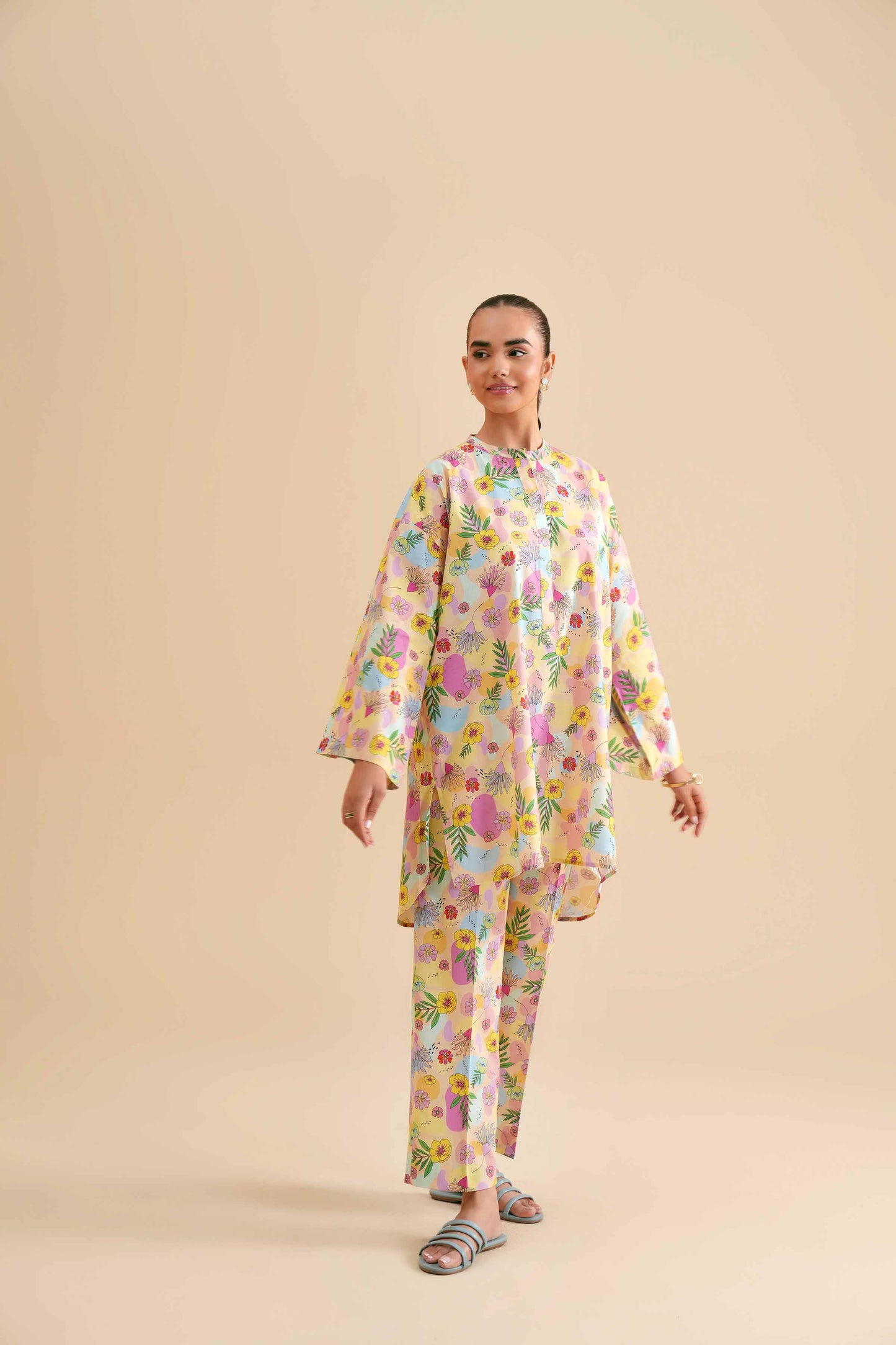 Pastel Yellow Tropical Floral Printed 2-Piece Se