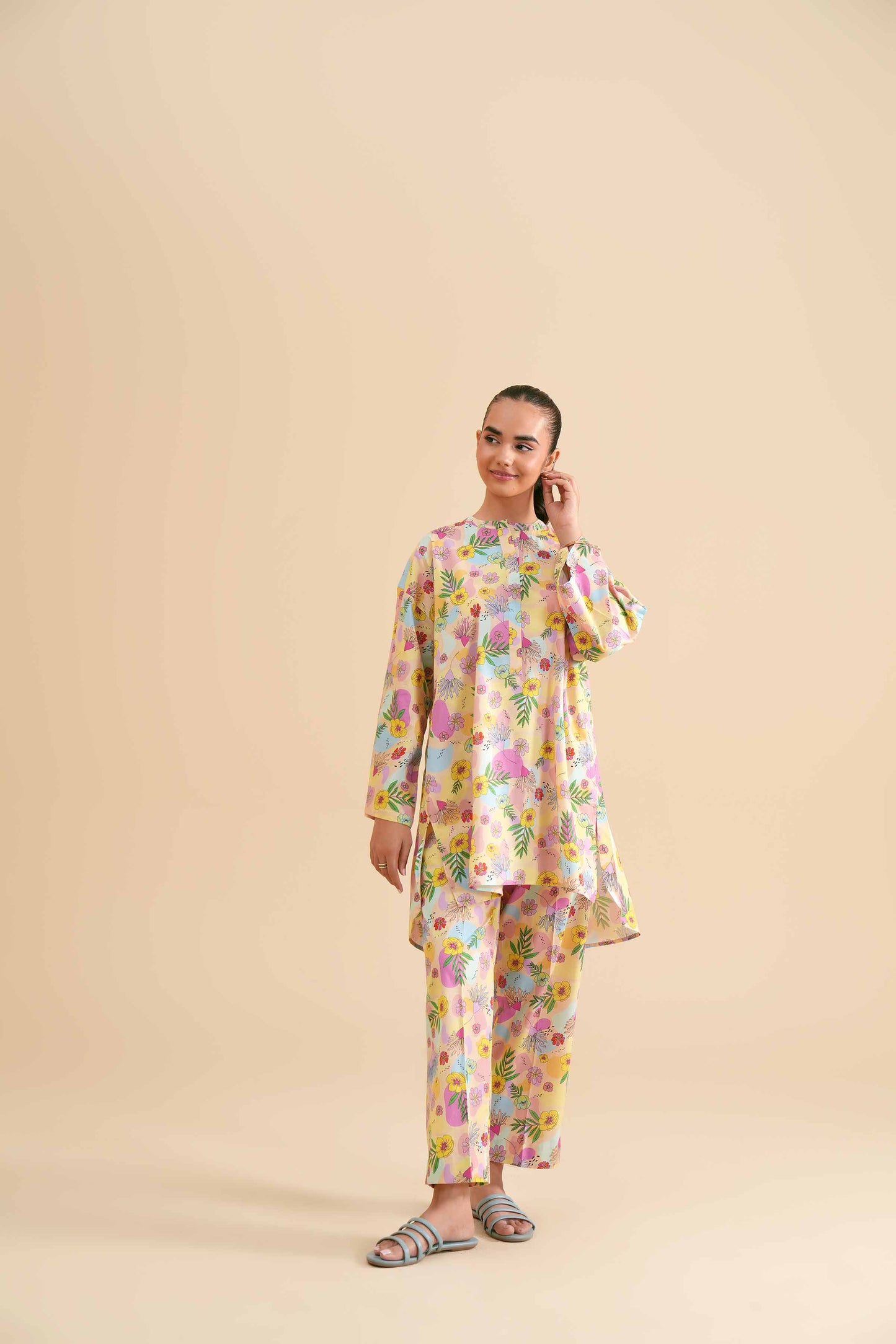 Pastel Yellow Tropical Floral Printed 2-Piece Se