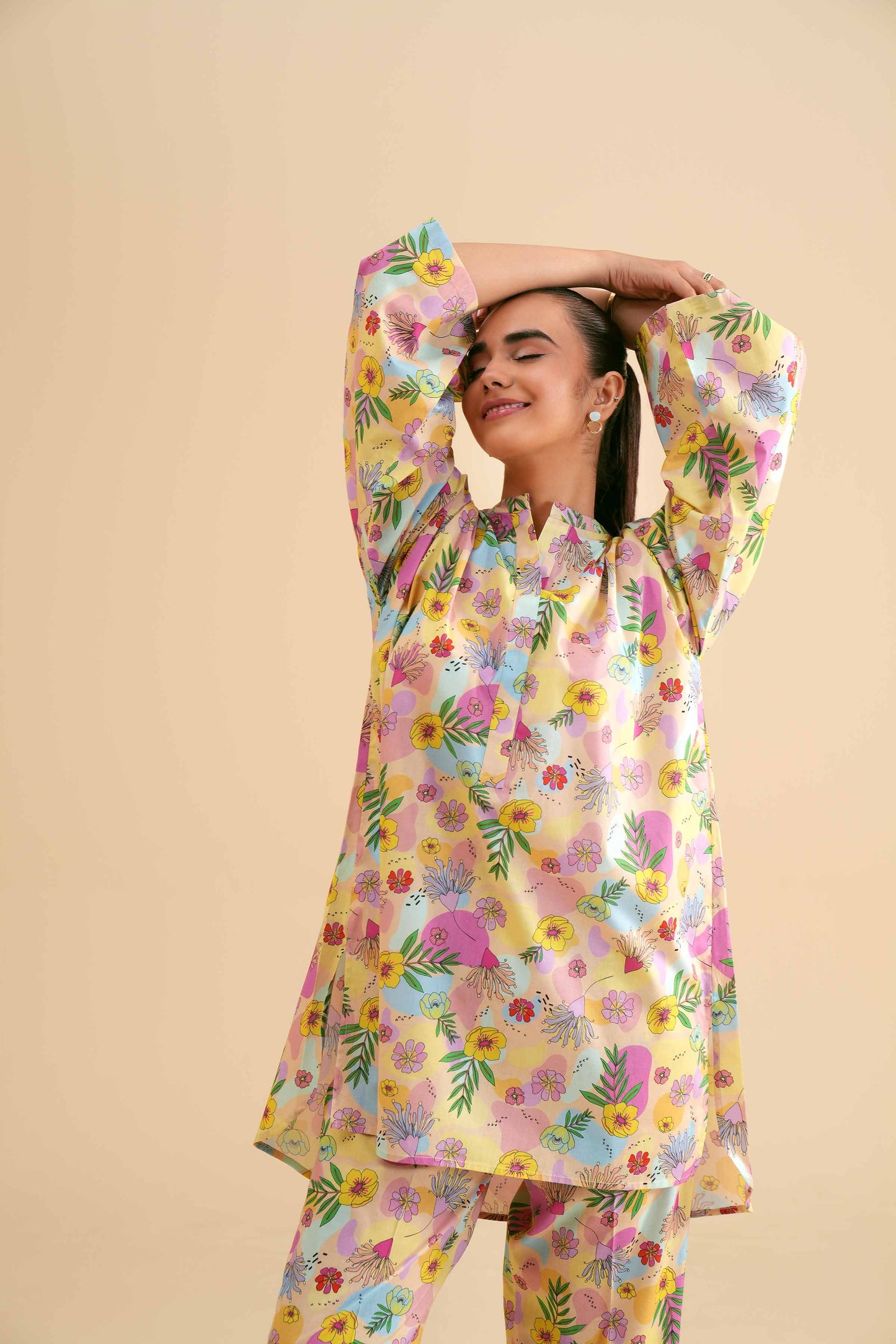 Pastel Yellow Tropical Floral Printed 2-Piece Se