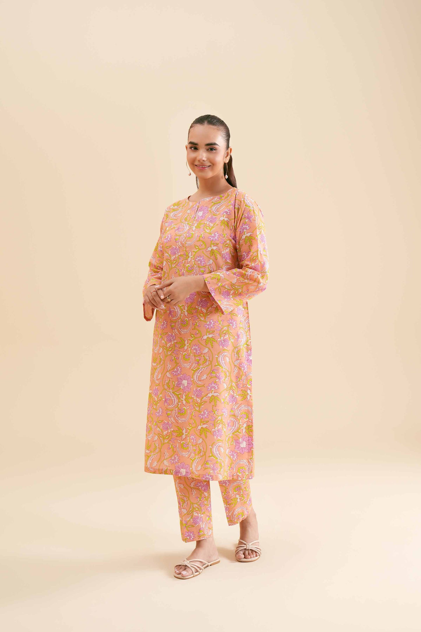 Pastel Peach Floral Paisley Kurta & Pant Set