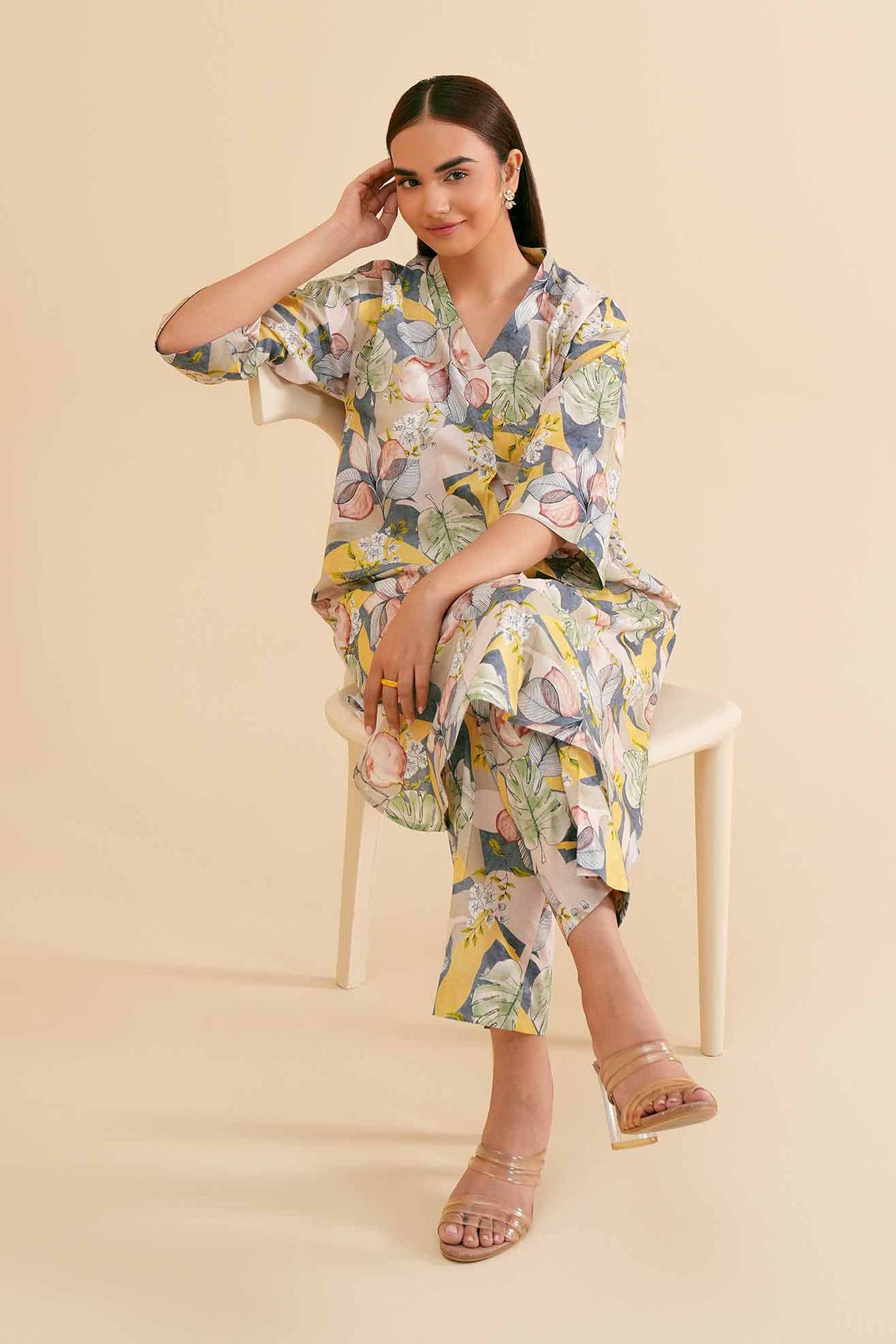 Pastel Tropical Leaf & Bloom Printed 2-Piece Set