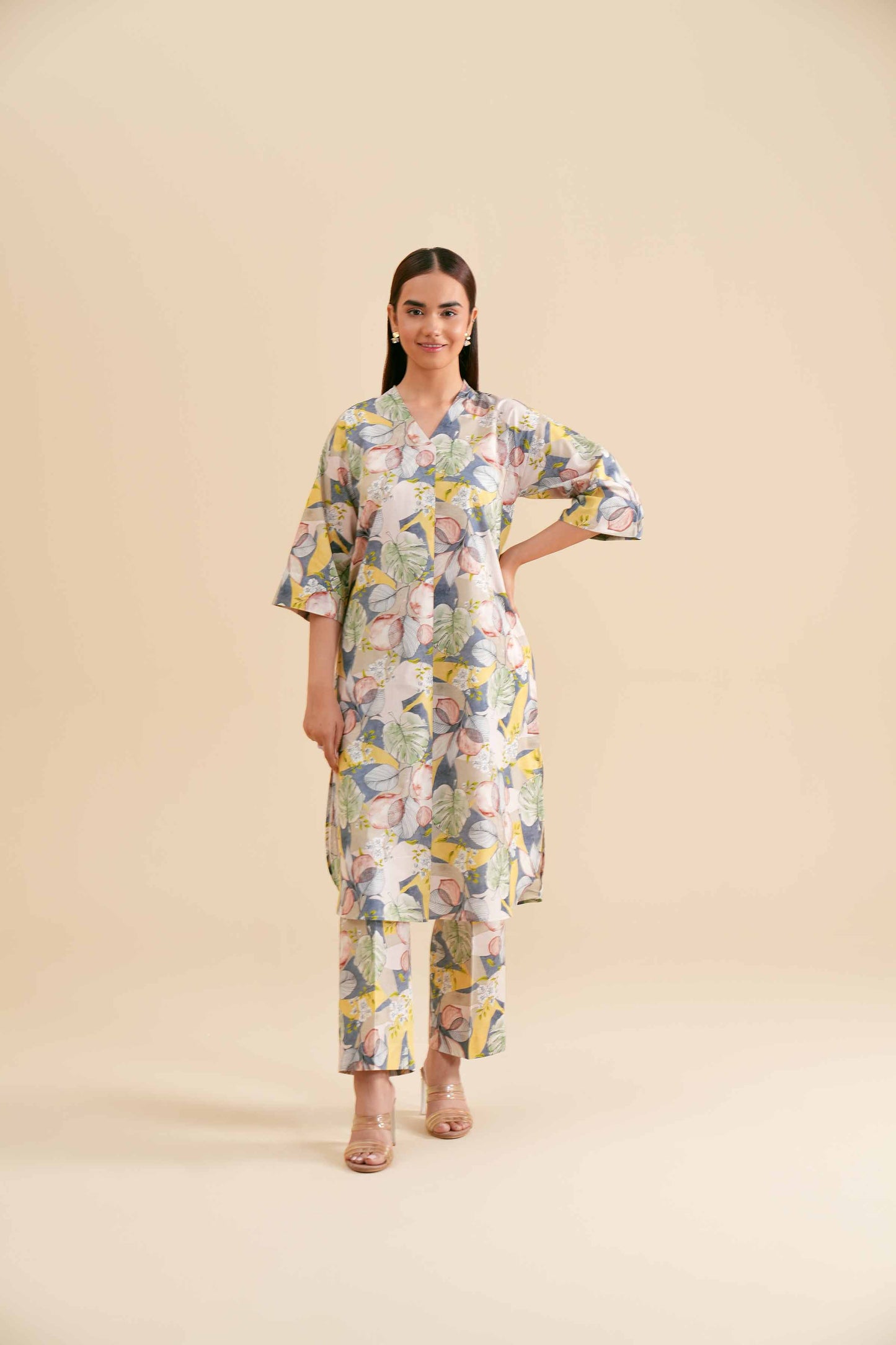 Pastel Tropical Leaf & Bloom Printed 2-Piece Set
