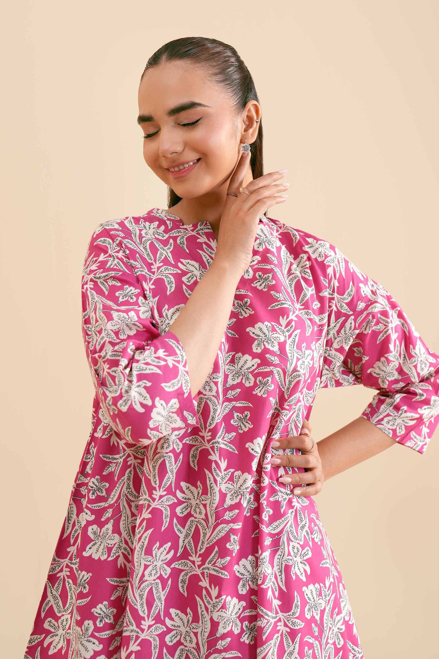 Bright Pink Botanical Print Kurta & Pant Co-ord