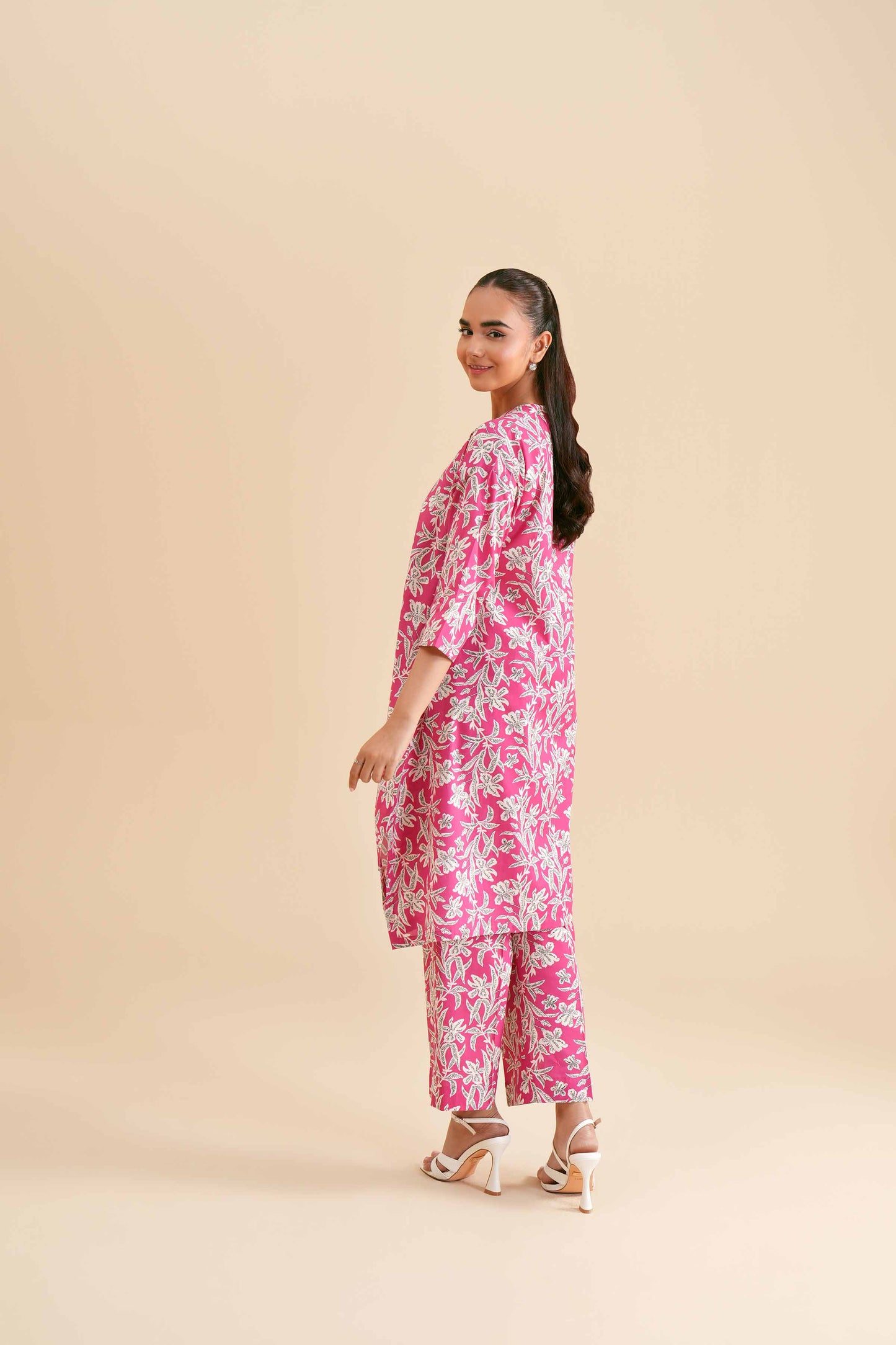 Bright Pink Botanical Print Kurta & Pant Co-ord