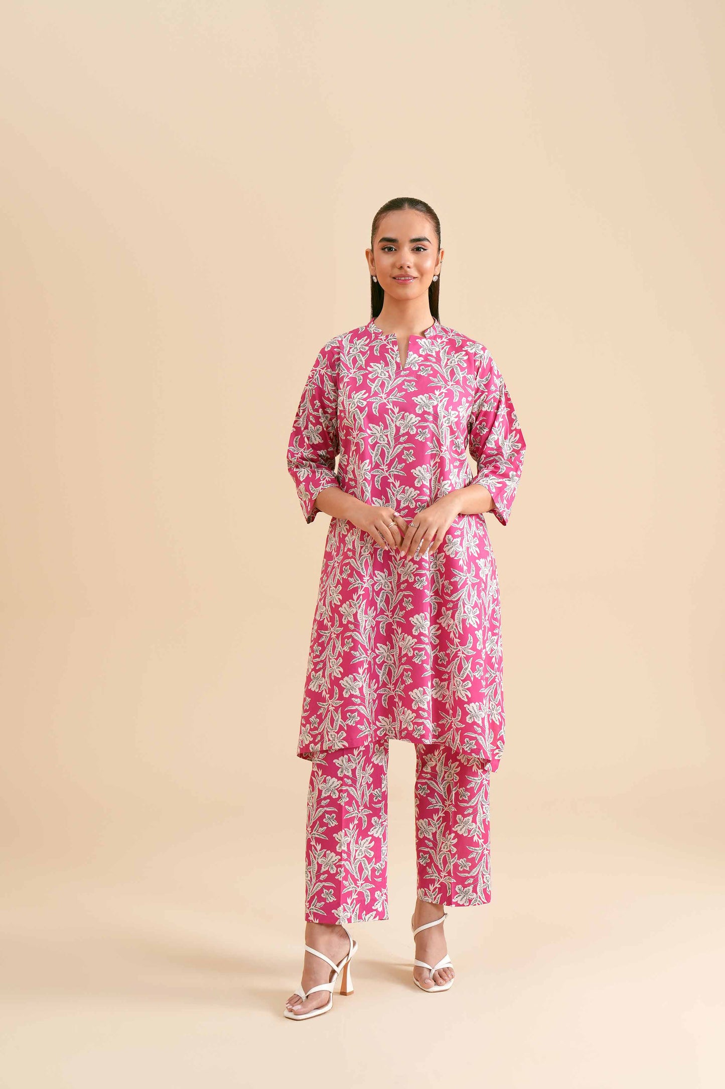 Bright Pink Botanical Print Kurta & Pant Co-ord
