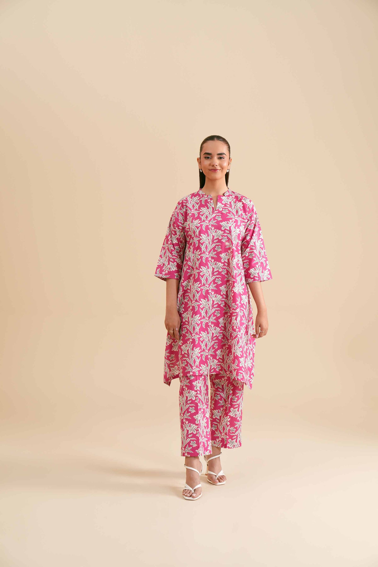 Bright Pink Botanical Print Kurta & Pant Co-ord