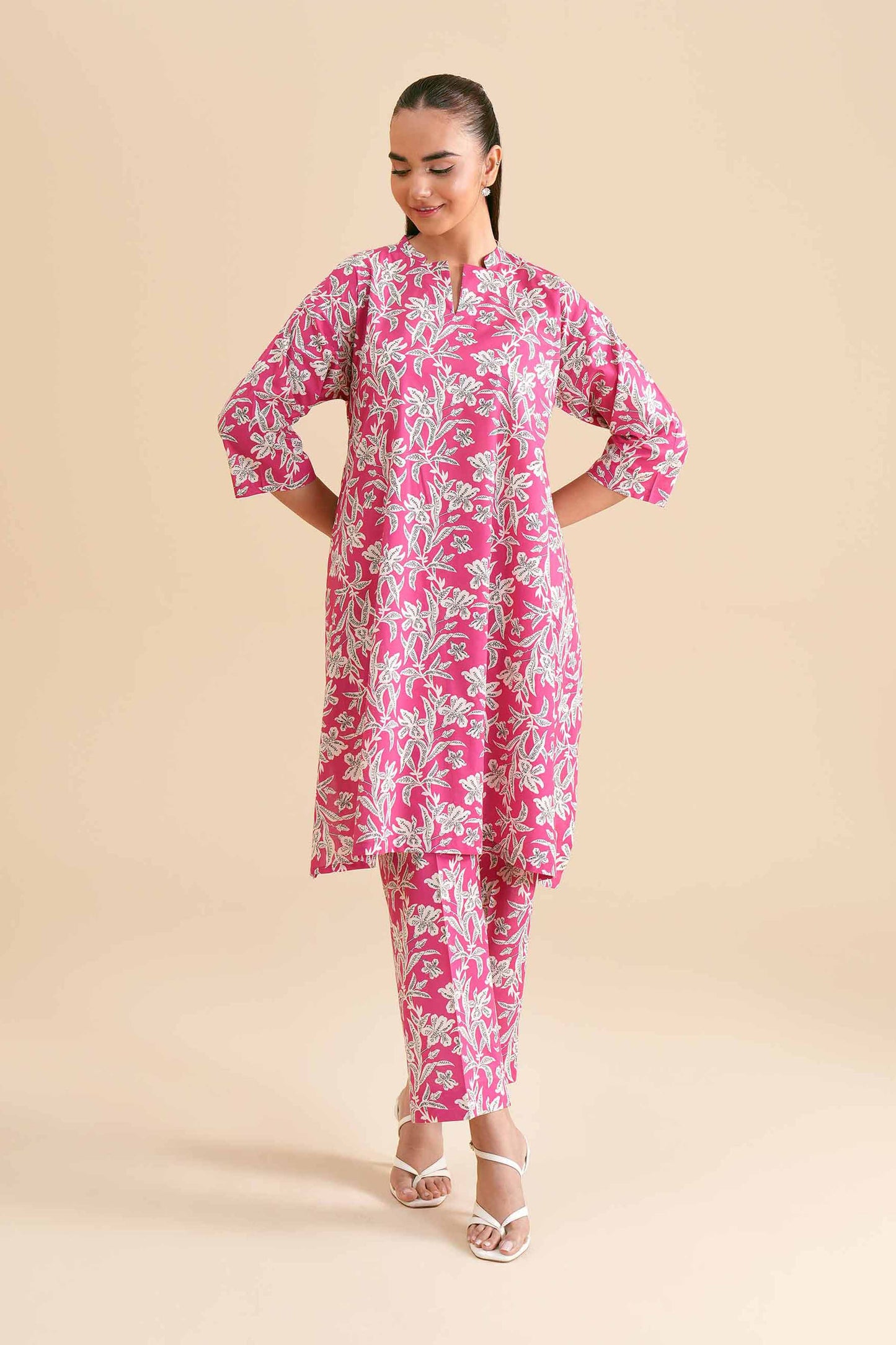 Bright Pink Botanical Print Kurta & Pant Co-ord
