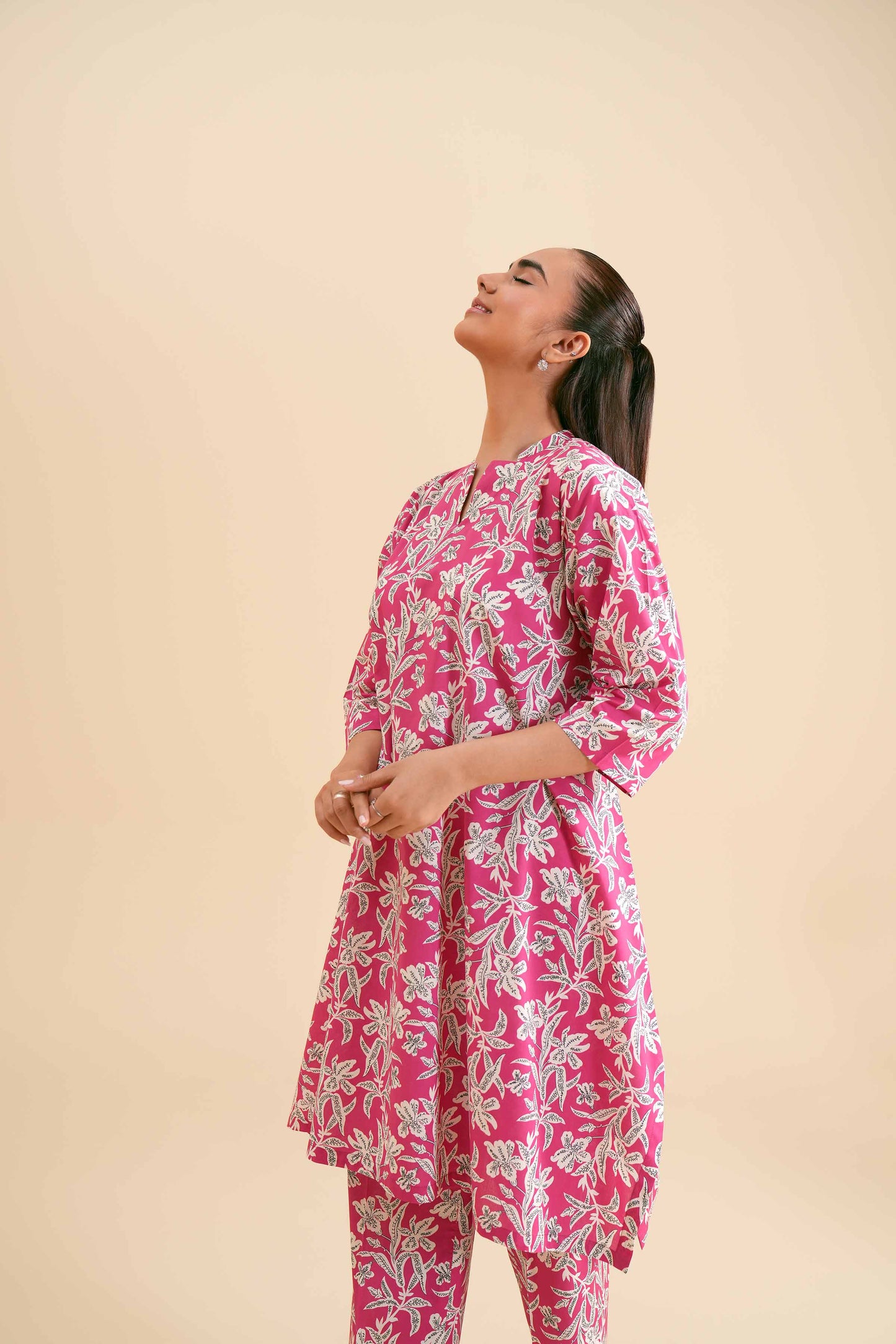 Bright Pink Botanical Print Kurta & Pant Co-ord