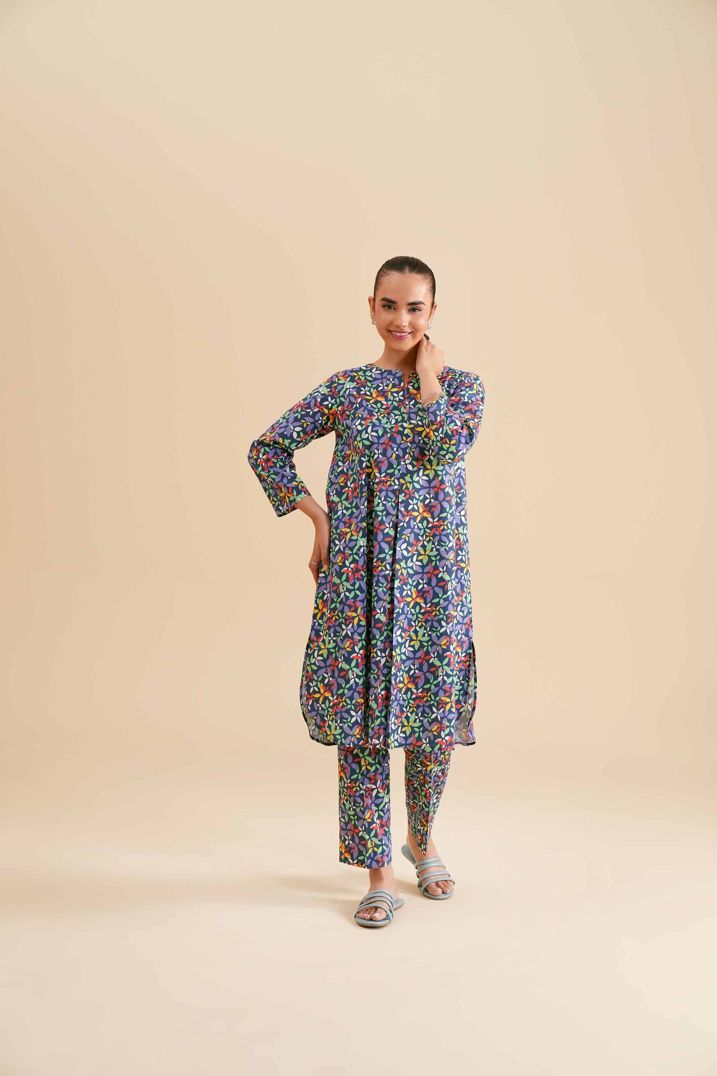 Navy Multicolor Leaf Motif Printed 2-Piece Set