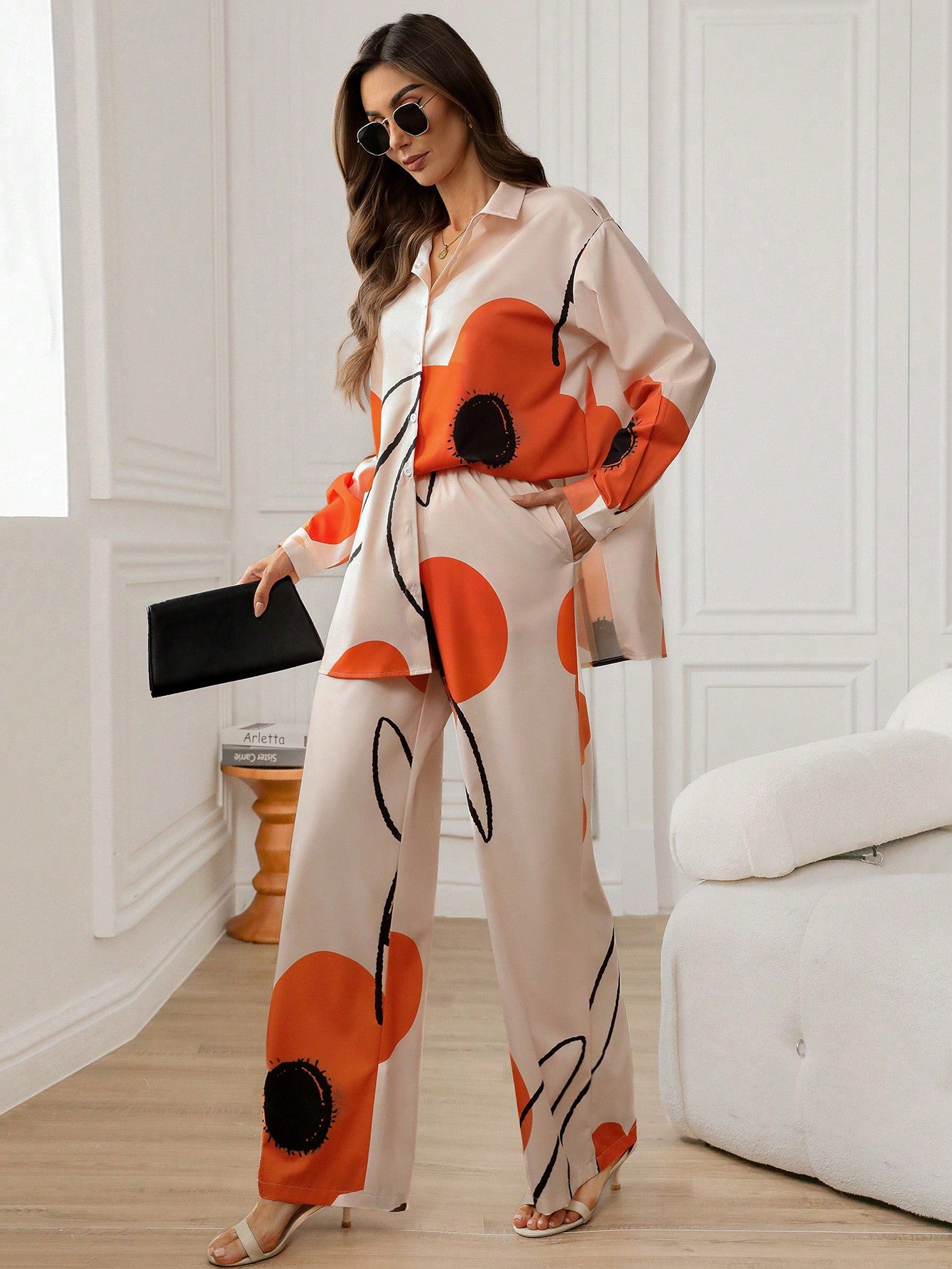 Multicolor 2pcs Women's Floral Print Long Sleeve Co-ord Set