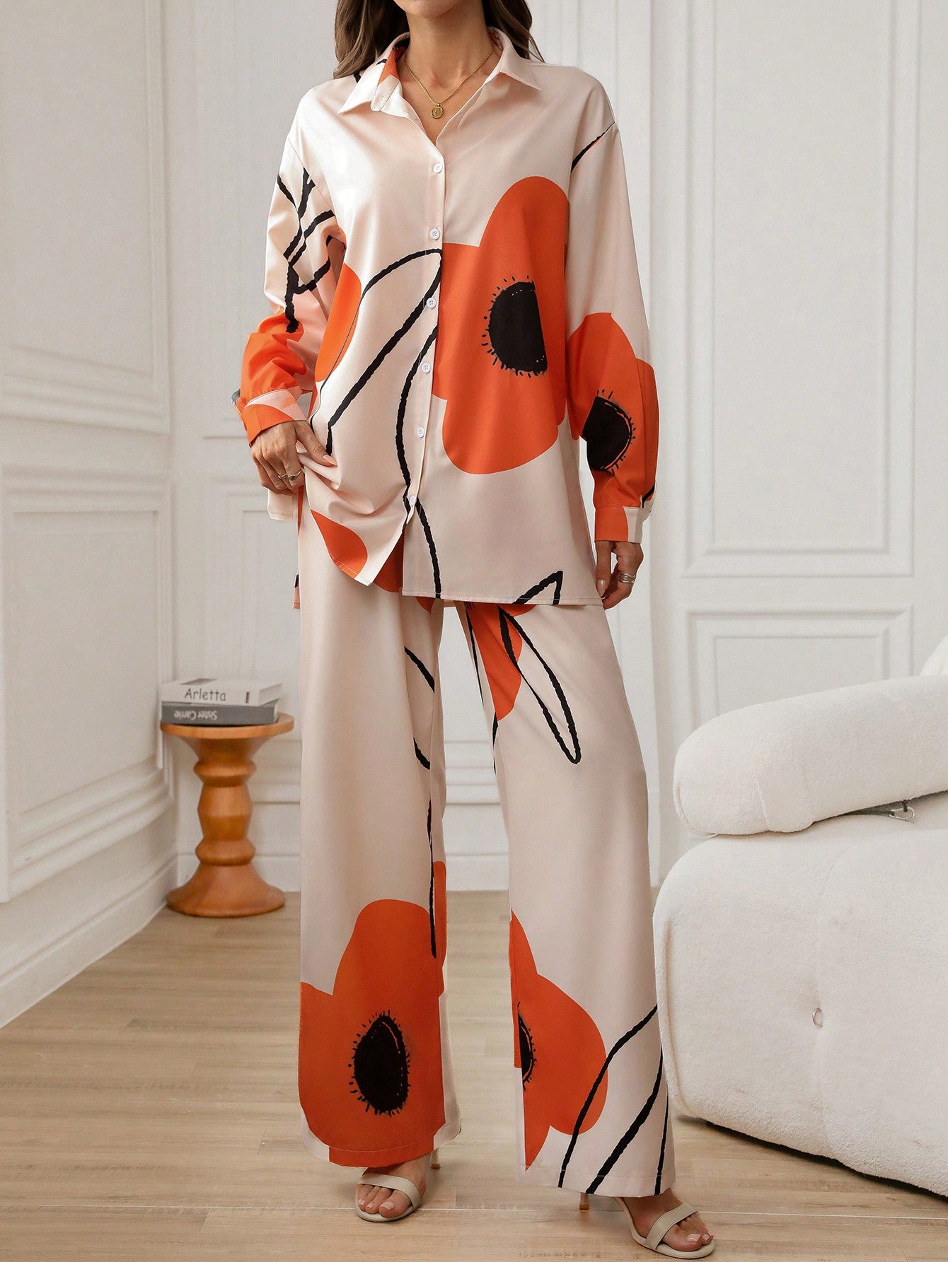 Multicolor 2pcs Women's Floral Print Long Sleeve Co-ord Set