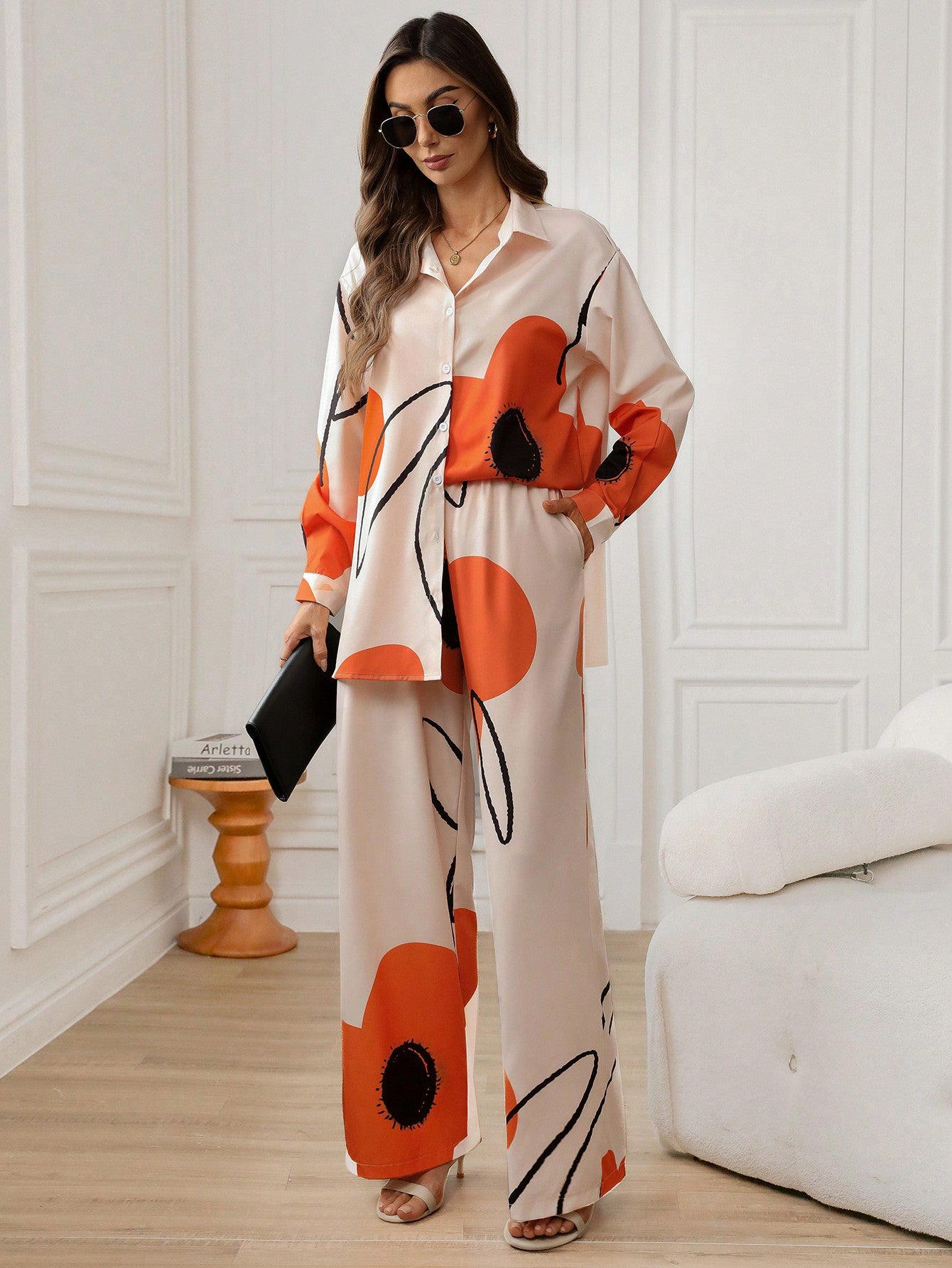 Multicolor 2pcs Women's Floral Print Long Sleeve Co-ord Set