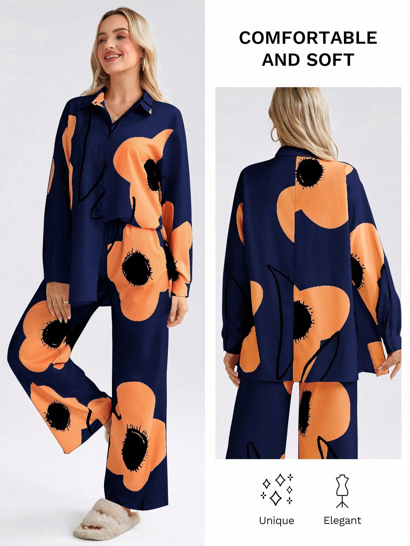 Navy Blue 2pcs Women's Floral Print Long Sleeve Co-ord Set