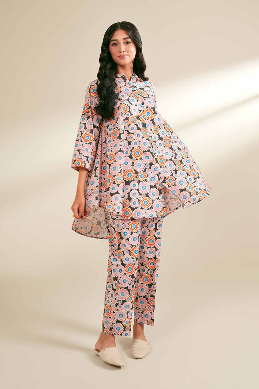 Playful Pastel Pink Daisy Print Kurta & Pant Co-ord