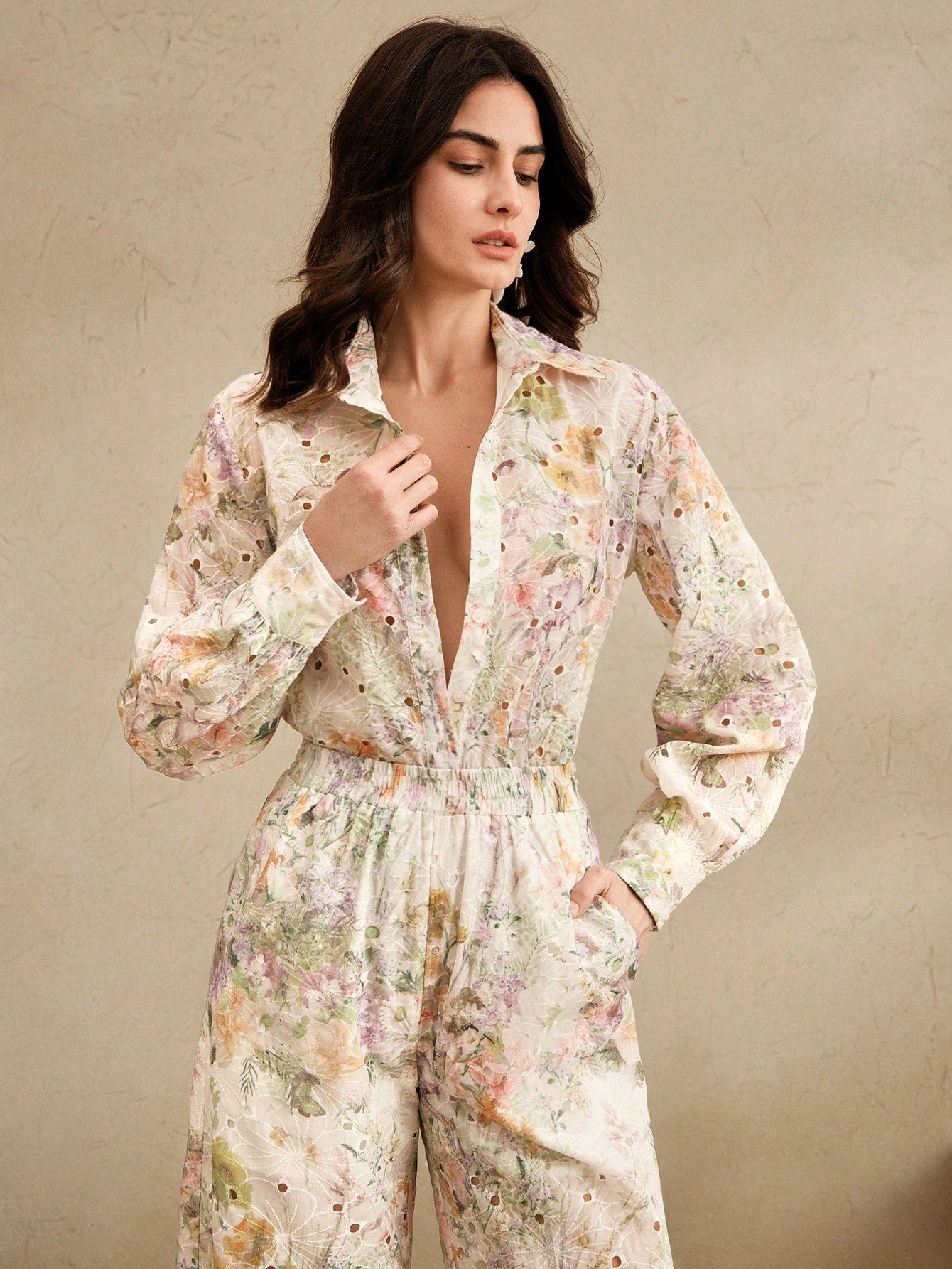 Multicolour Front Button Long Sleeve Printed Blouse And Pants Co-ord Set