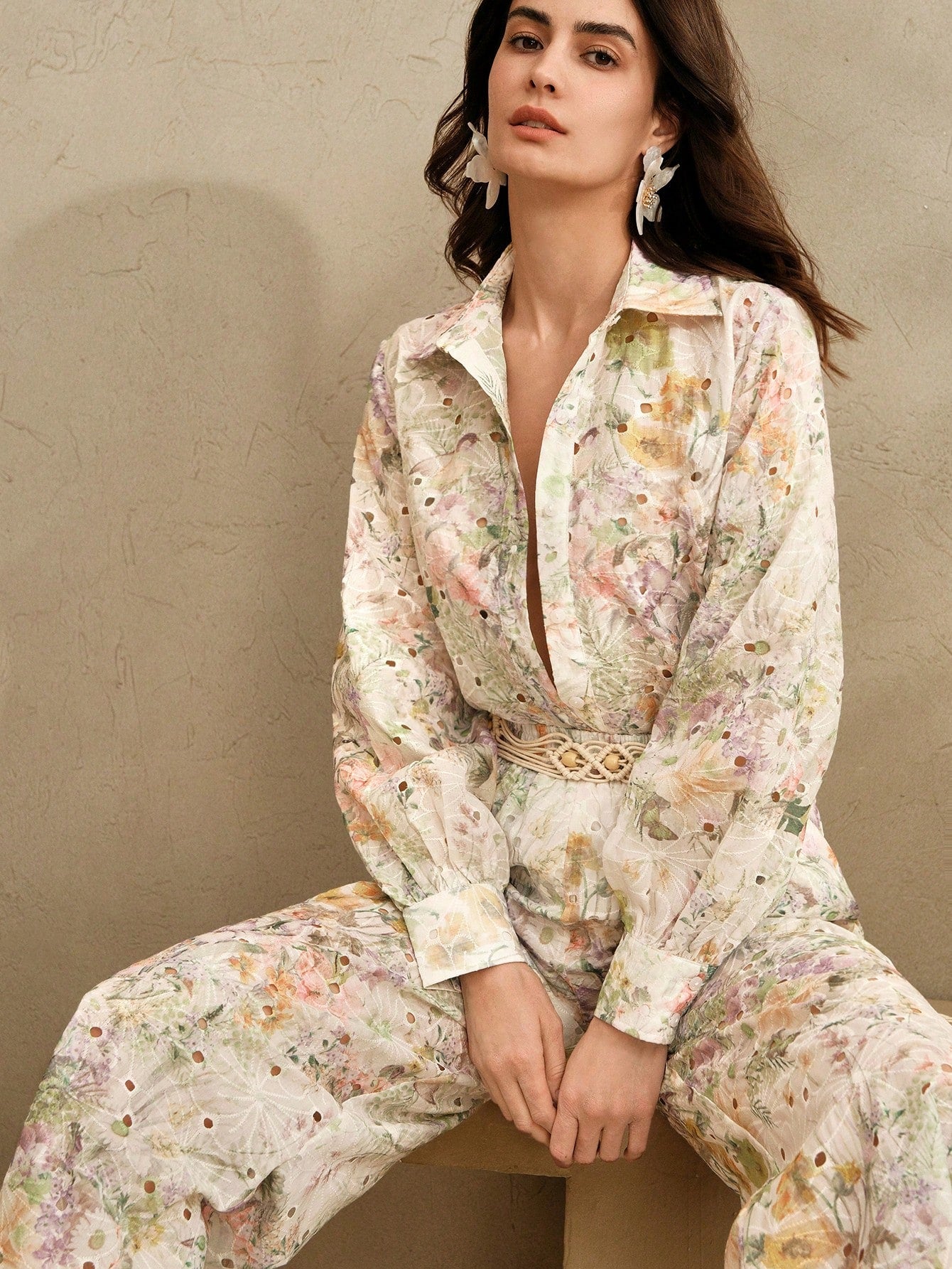 Multicolour Front Button Long Sleeve Printed Blouse And Pants Co-ord Set