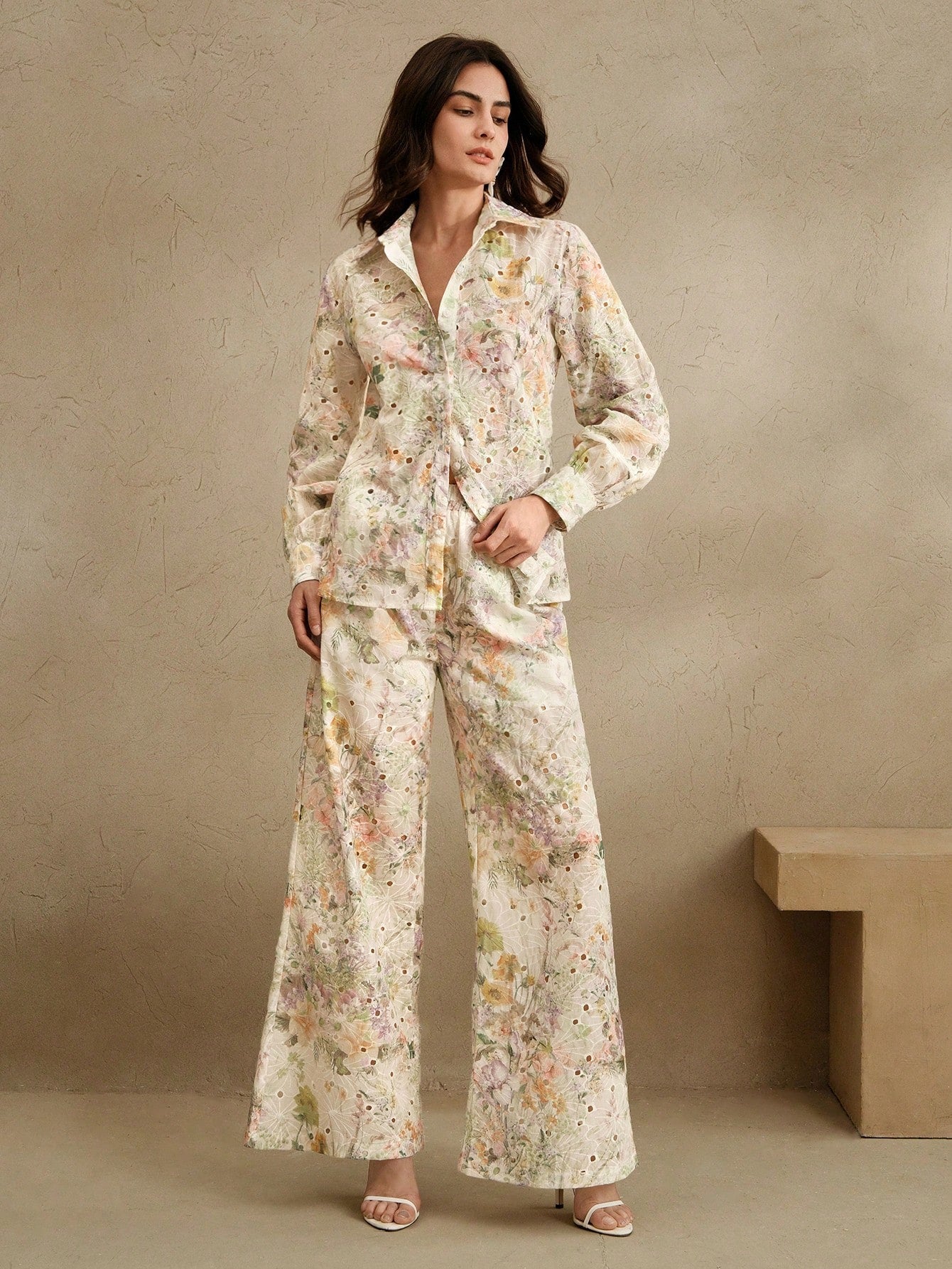 Multicolour Front Button Long Sleeve Printed Blouse And Pants Co-ord Set