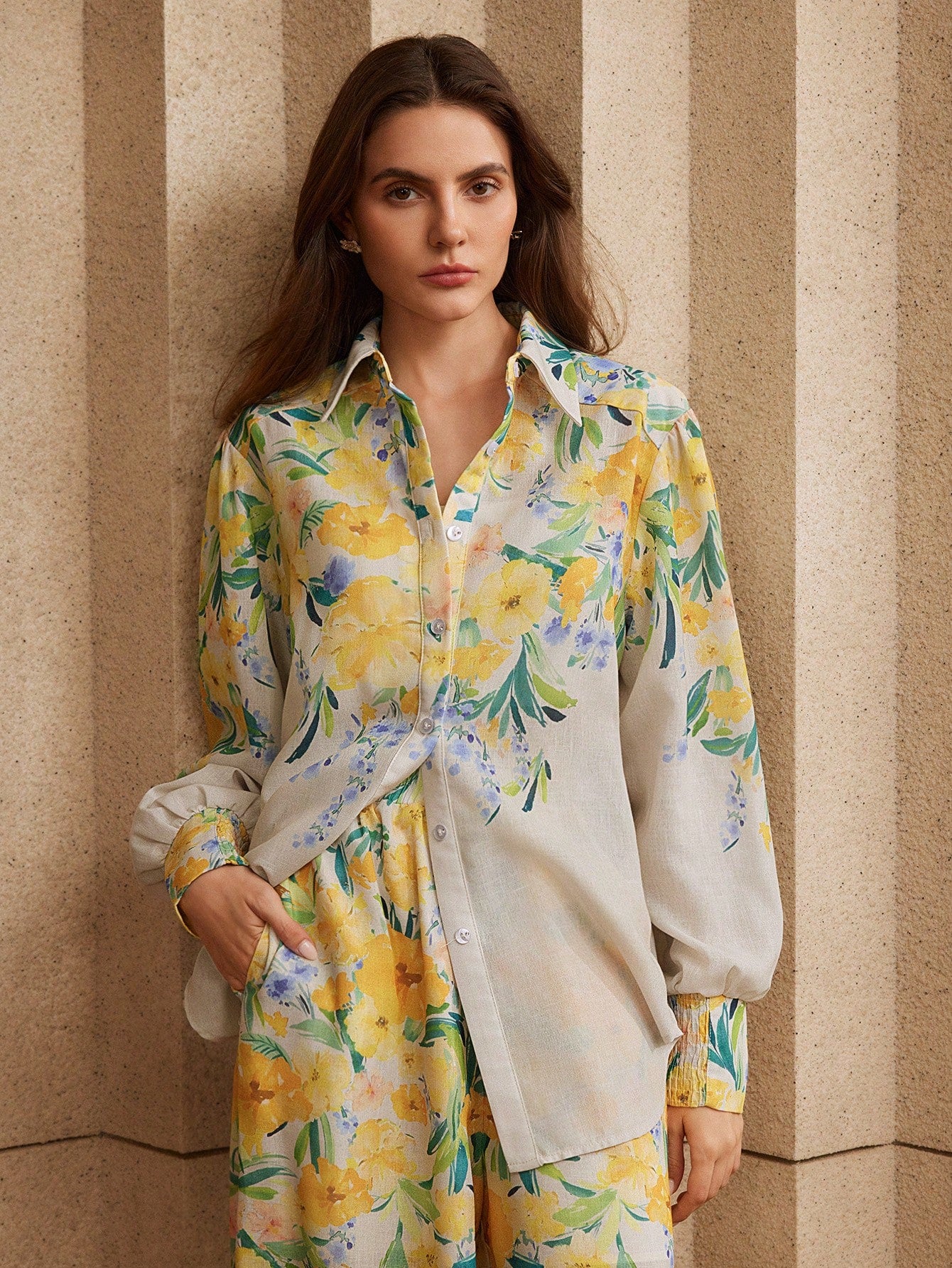 2pcs Apricot Floral Printed Ladies' Shirt And Pants Co-ord Set