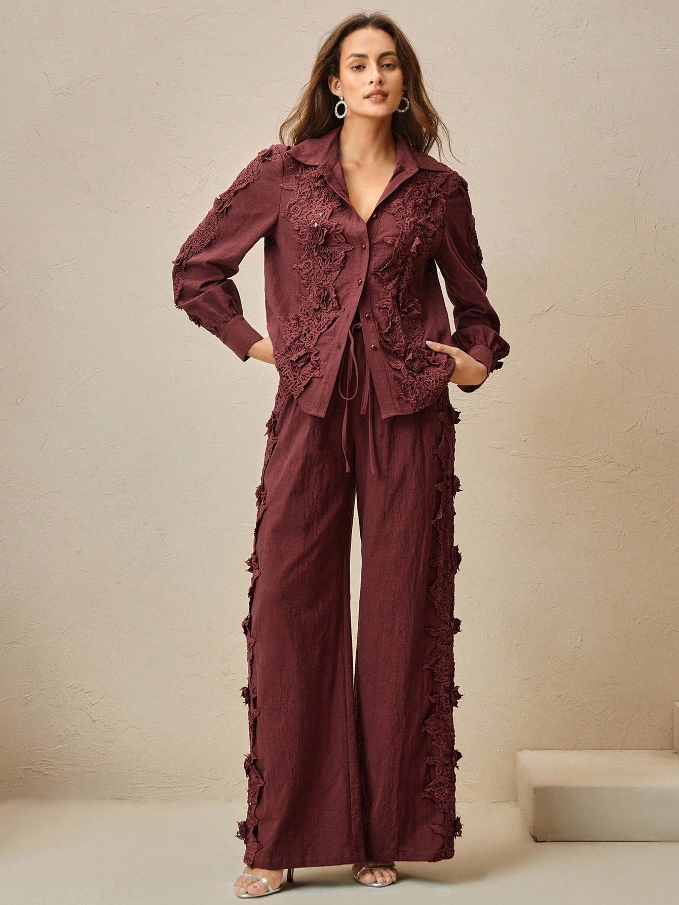 Cotton Lace Trim Hollow Out Design Turndown Collar Co-ord Set