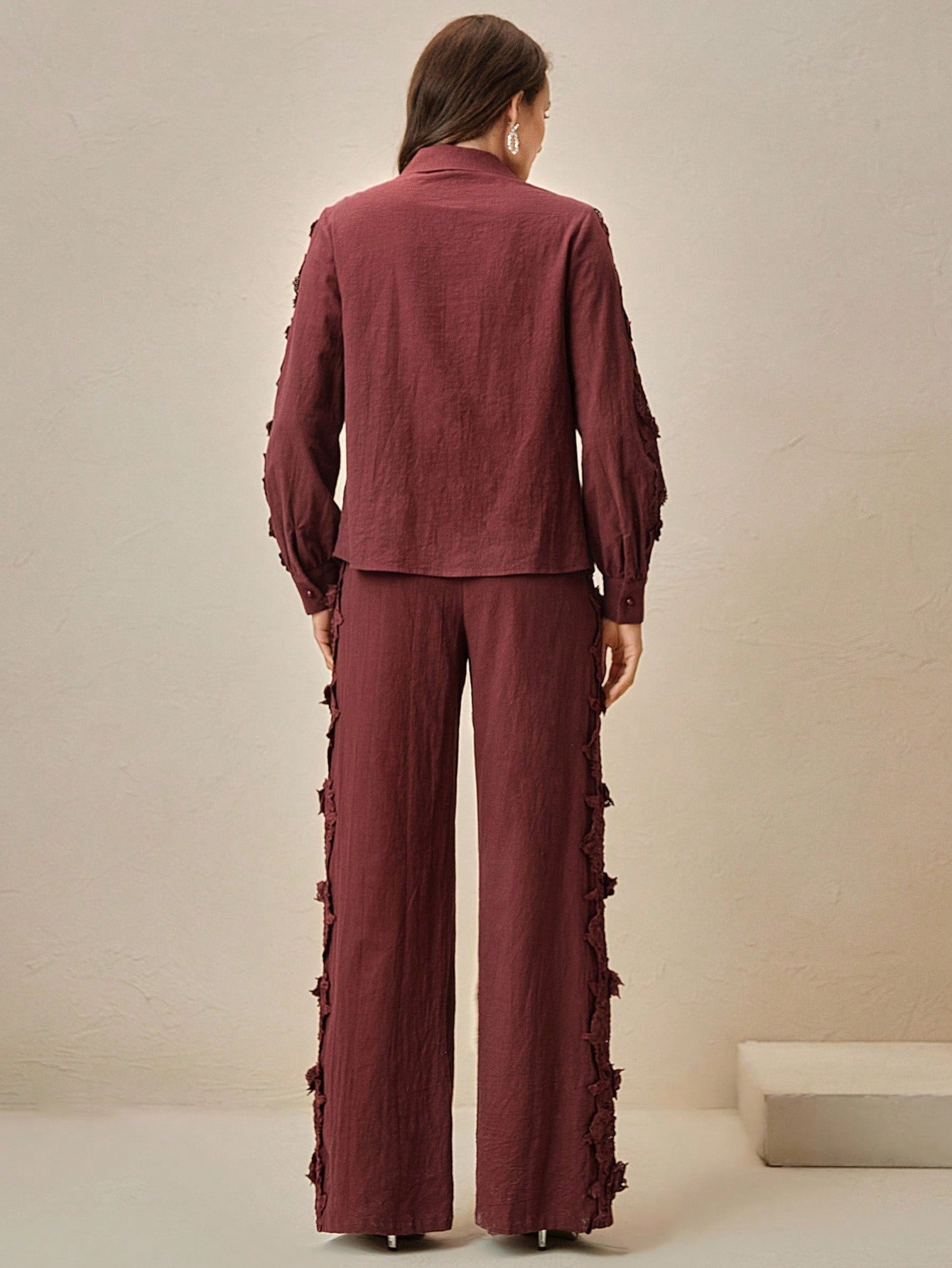 Cotton Lace Trim Hollow Out Design Turndown Collar Co-ord Set