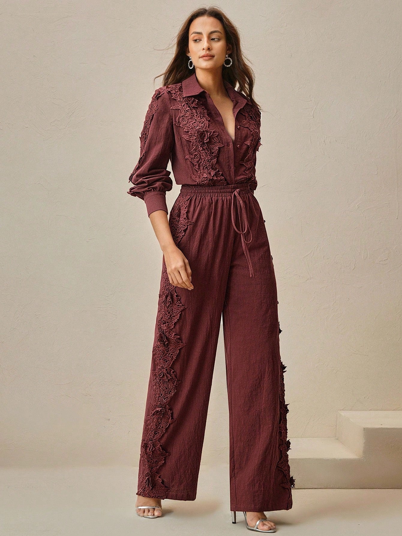 Cotton Lace Trim Hollow Out Design Turndown Collar Co-ord Set