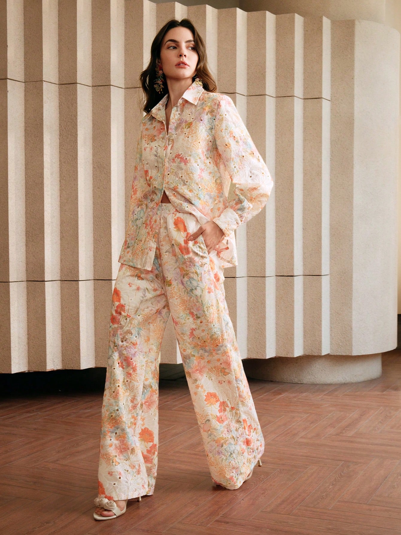 Multicolour Front Button Long Sleeve Printed Blouse And Pants Co-ord Set