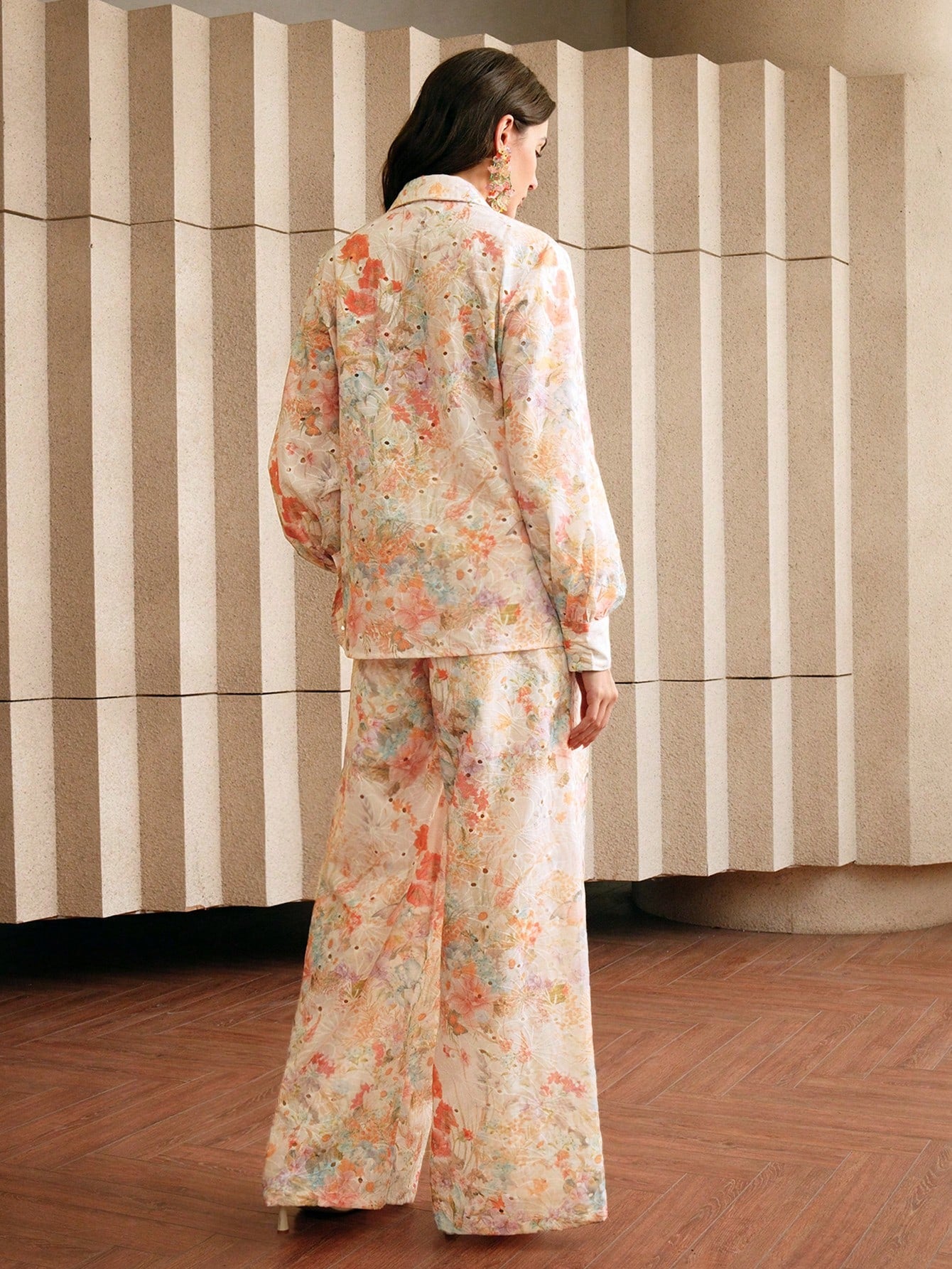 Multicolour Front Button Long Sleeve Printed Blouse And Pants Co-ord Set