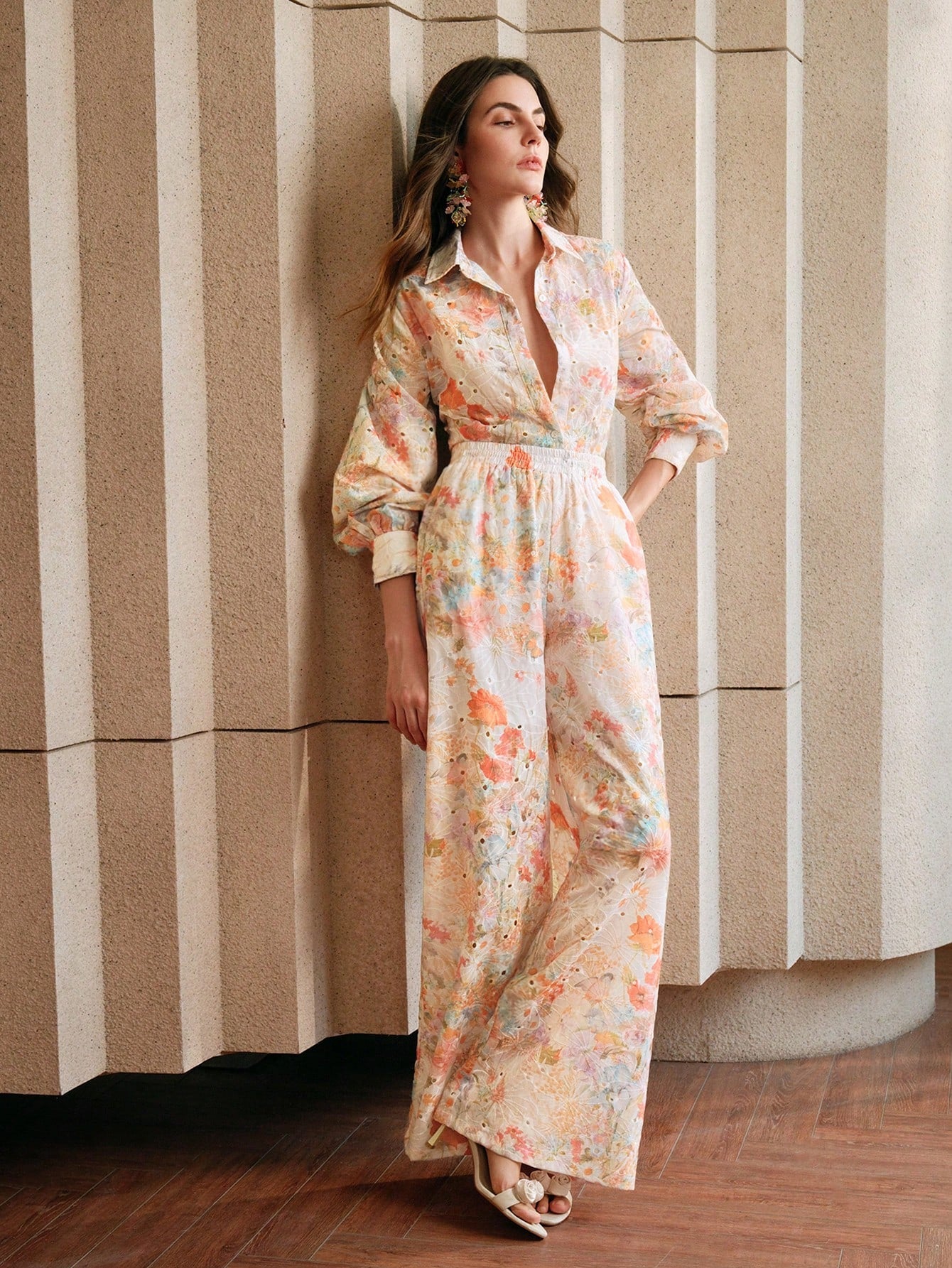 Multicolour Front Button Long Sleeve Printed Blouse And Pants Co-ord Set