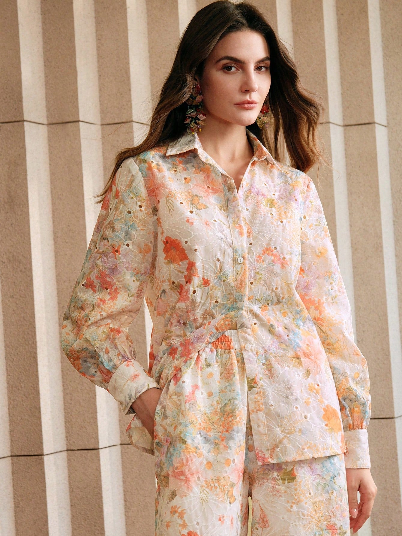 Multicolour Front Button Long Sleeve Printed Blouse And Pants Co-ord Set