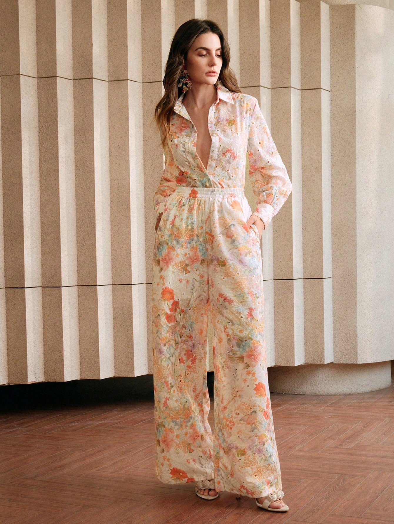 Multicolour Front Button Long Sleeve Printed Blouse And Pants Co-ord Set