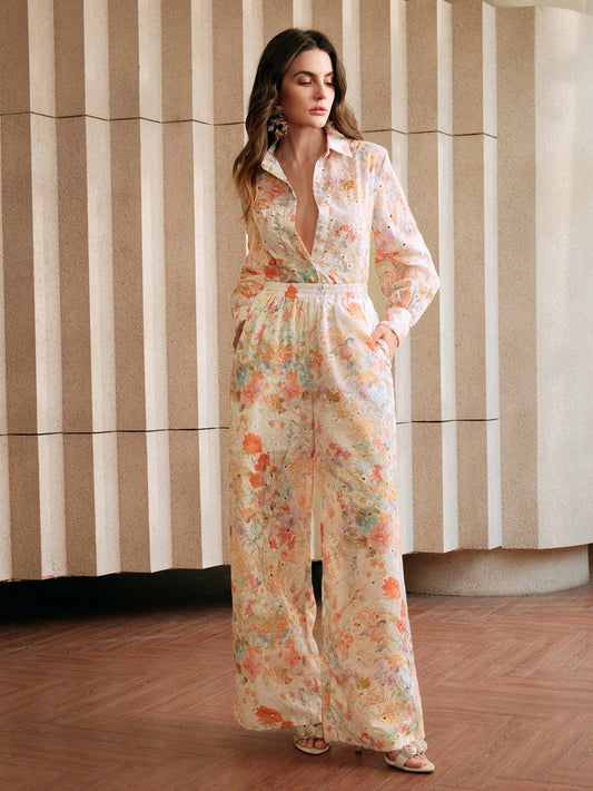 Multicolour Front Button Long Sleeve Printed Blouse And Pants Co-ord Set