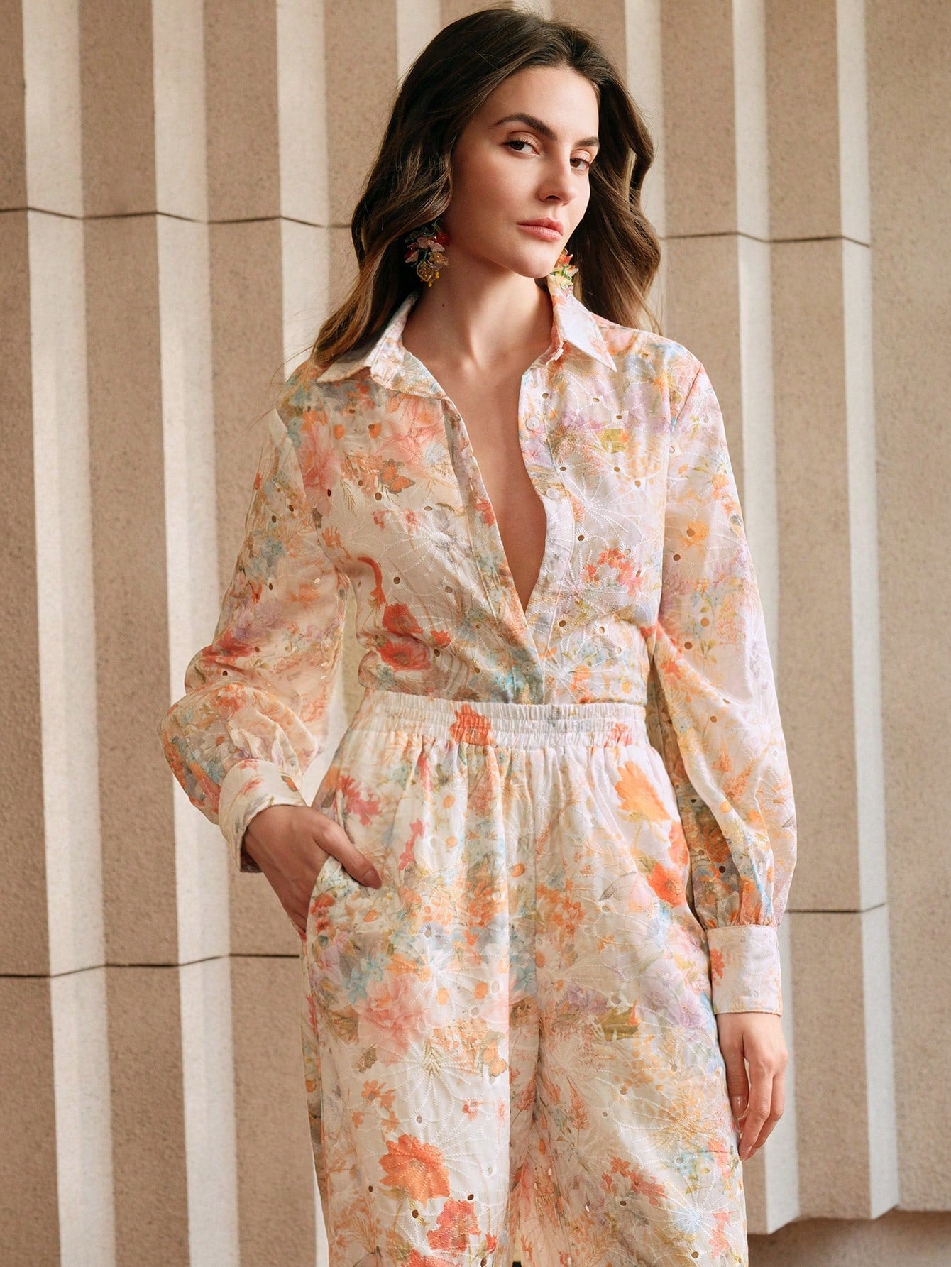 Multicolour Front Button Long Sleeve Printed Blouse And Pants Co-ord Set