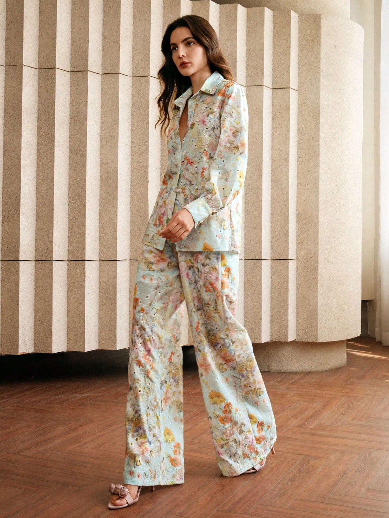 Multicolour Front Button Long Sleeve Printed Blouse And Pants Co-ord Set