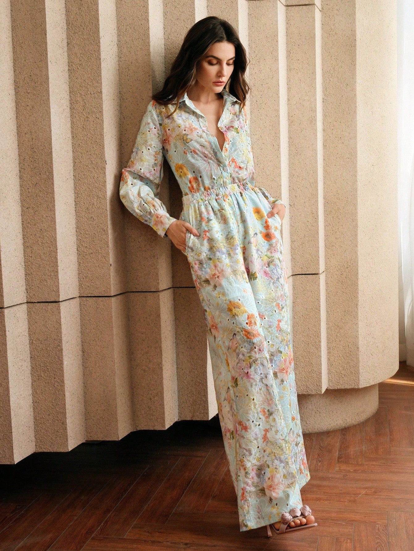 Multicolour Front Button Long Sleeve Printed Blouse And Pants Co-ord Set