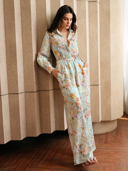 Multicolour Front Button Long Sleeve Printed Blouse And Pants Co-ord Set