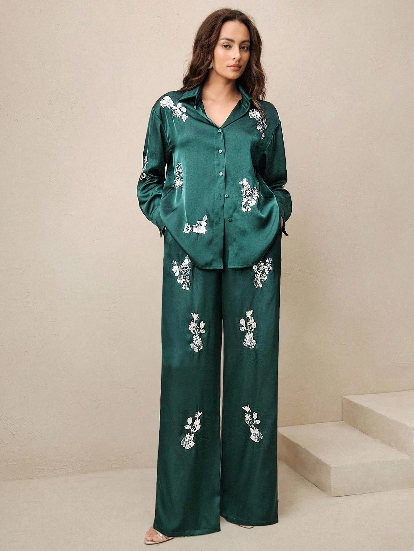 Urban Green Sequin Embroidered Shirt And Pants Co-ord Set