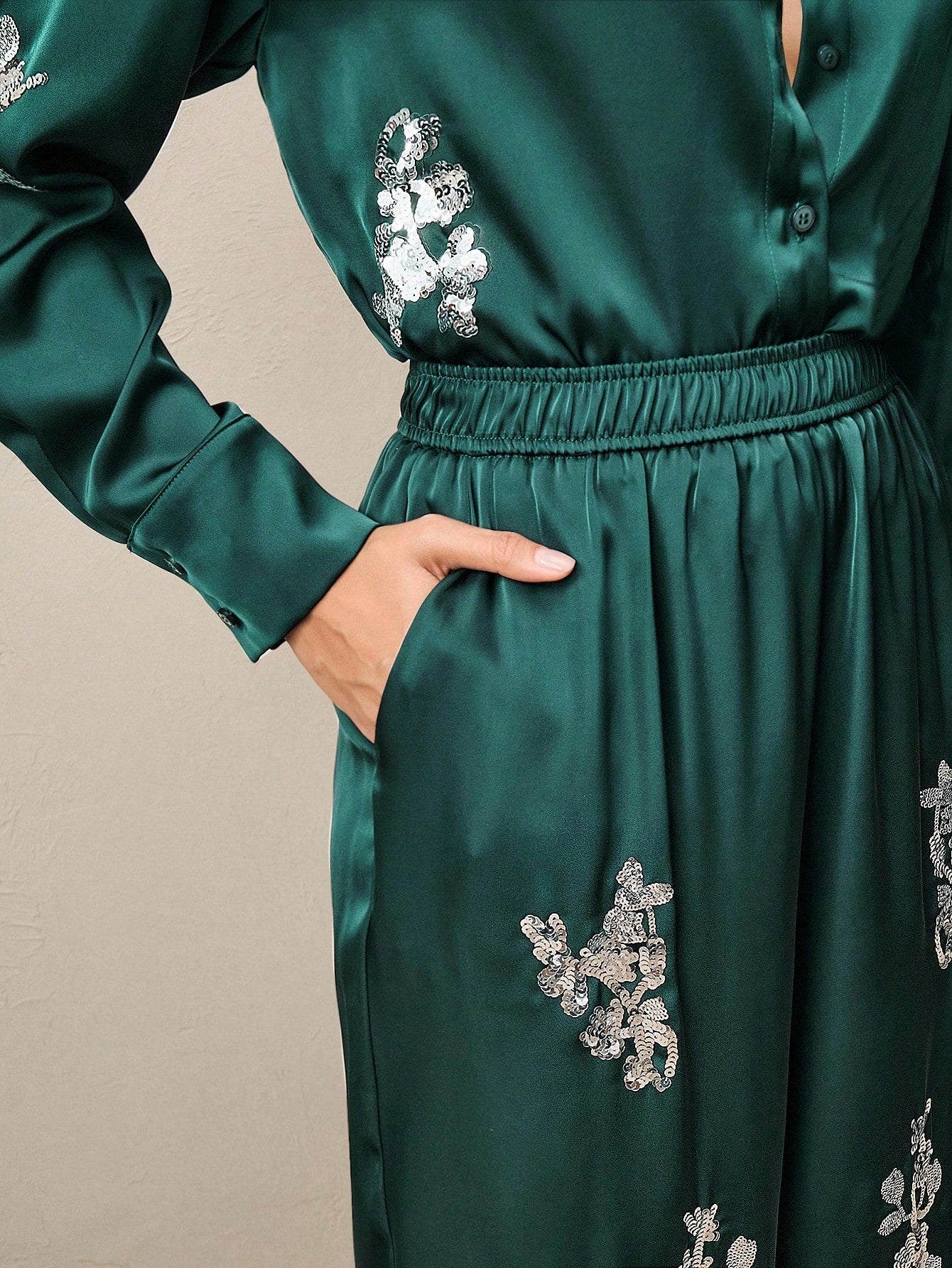 Urban Green Sequin Embroidered Shirt And Pants Co-ord Set