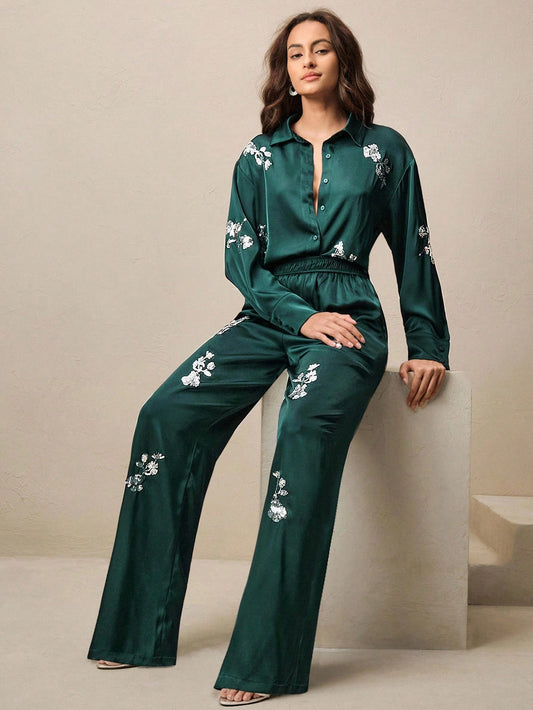 Urban Green Sequin Embroidered Shirt And Pants Co-ord Set
