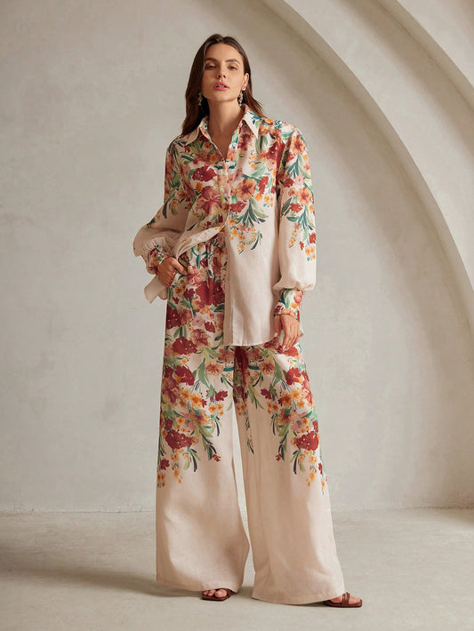 Women's Floral Print Vacation Shirt And Pants Set