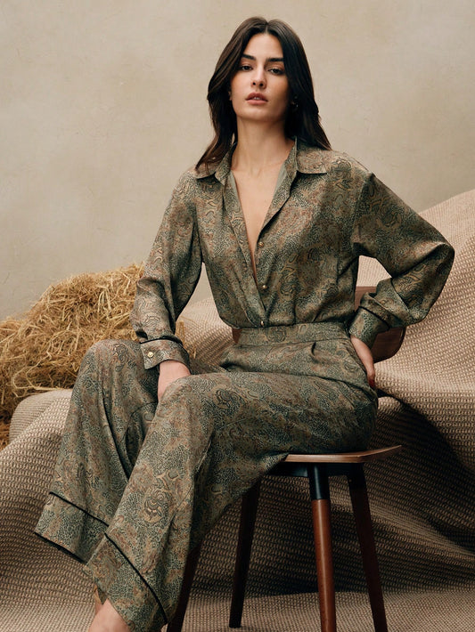 Army Green Elegant Leopard & Paisley Print Co-ord Set